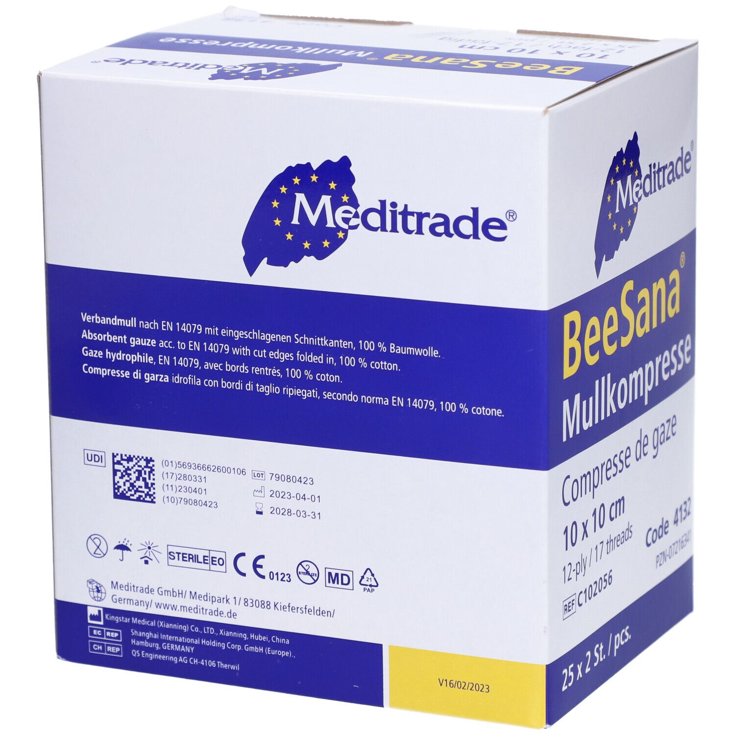 Compresse de gaze BeeSana Meditrade, 10 x 10 cm, 12 épaisseurs/17 fils. Boîte de 25 x 2 pièces. Marquage CE.