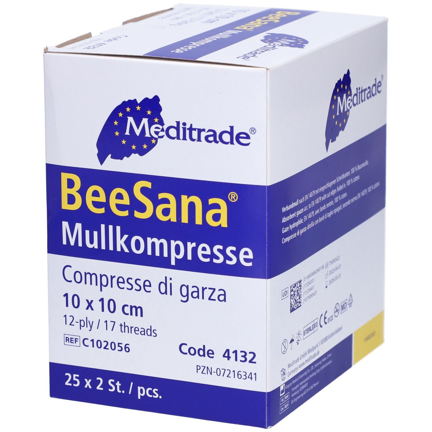 Compresse de gaze BeeSana Meditrade, 10 x 10 cm, 12 épaisseurs/17 fils. Boîte de 25 x 2 pièces.