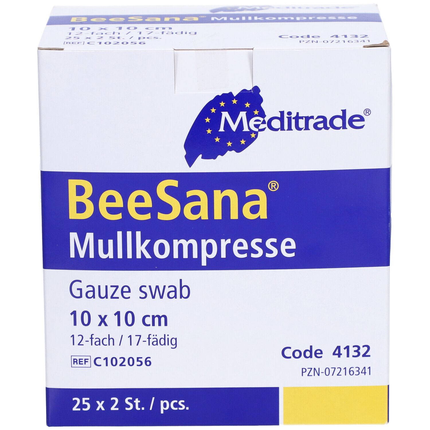 Compresse de gaze BeeSana Meditrade, 10 x 10 cm, 12 épaisseurs/17 fils. Boîte de 25 x 2 pièces.