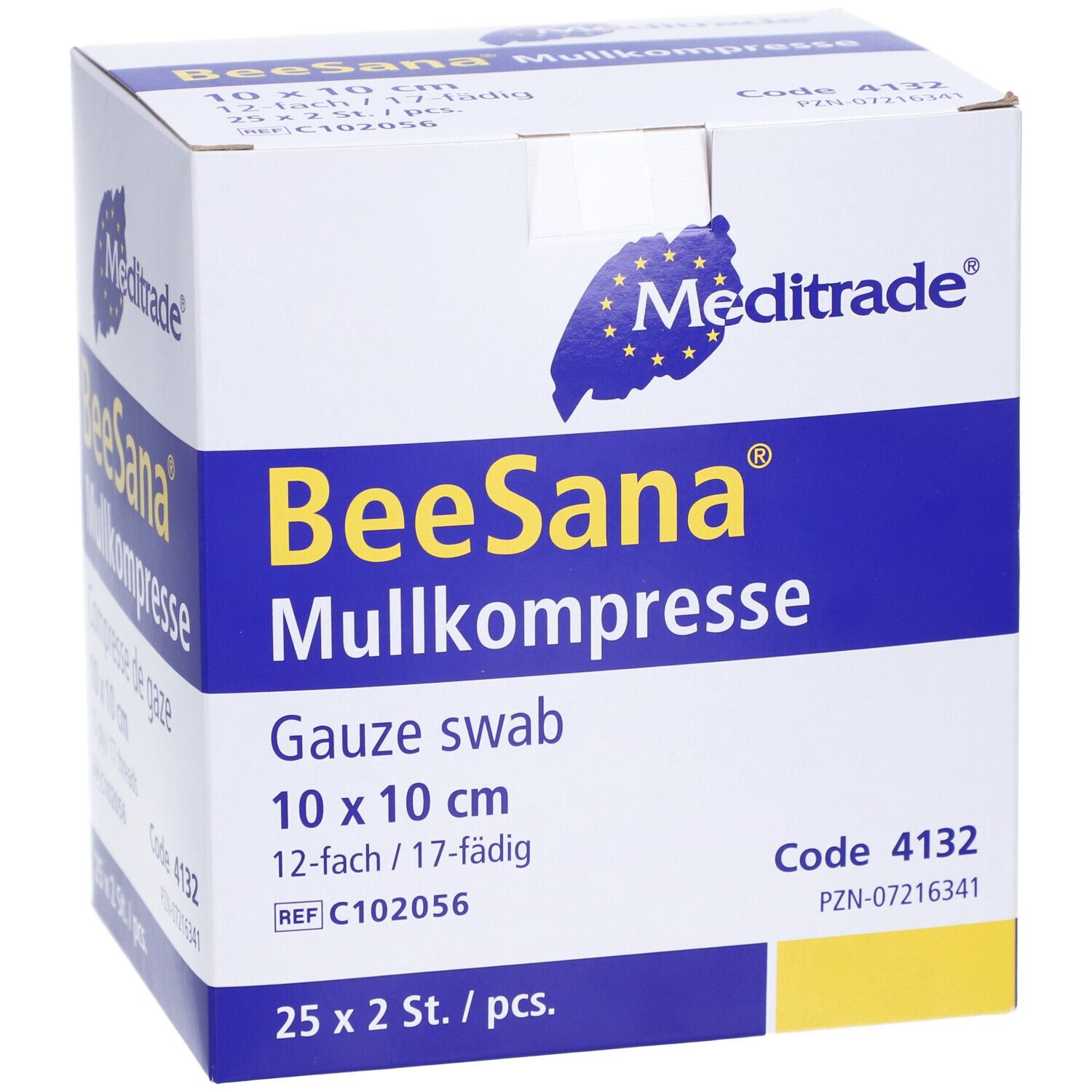 Compresse de gaze BeeSana Meditrade, 10 x 10 cm, 12 épaisseurs/17 fils. Boîte de 25 x 2 pièces.