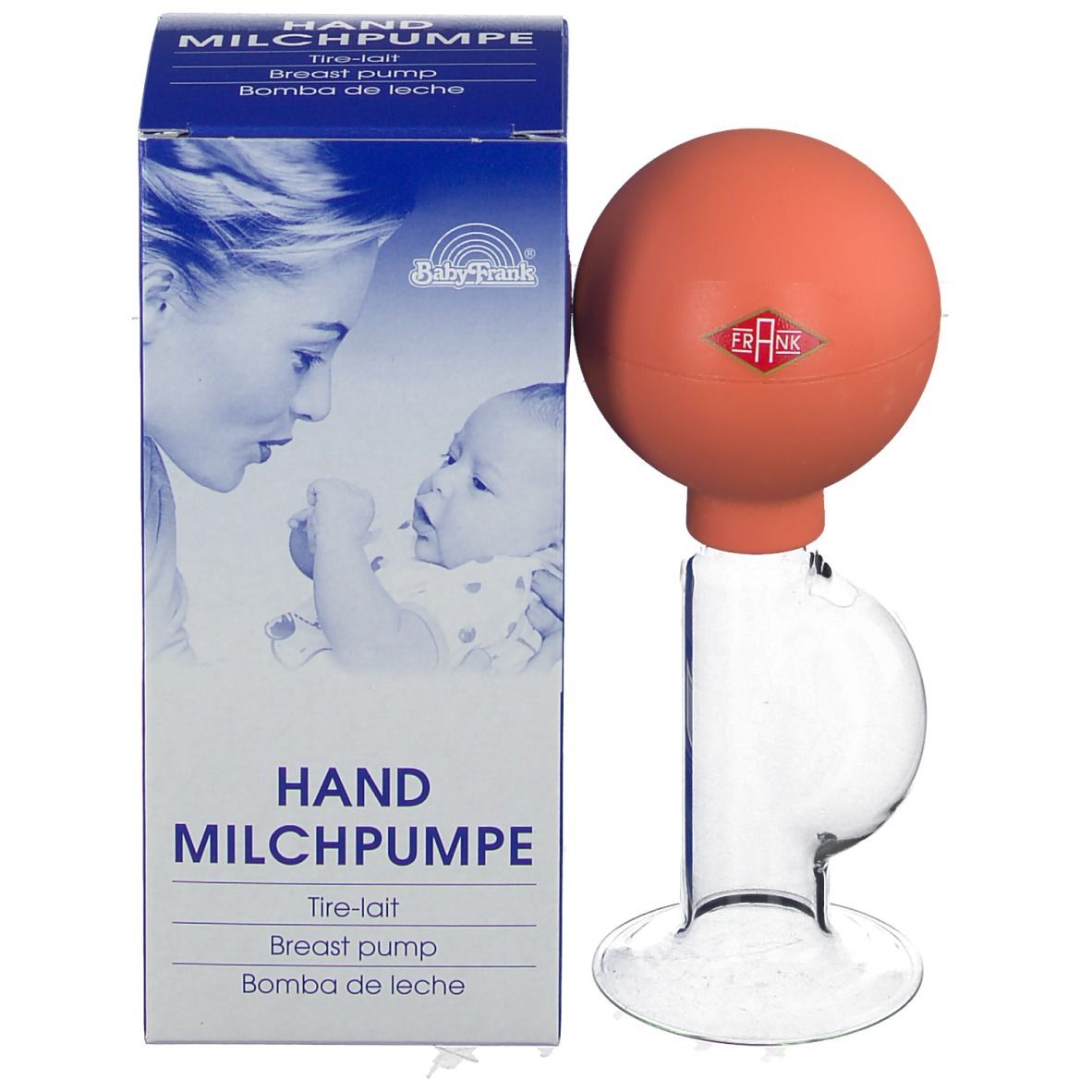 Tire-lait à côté de l'emballage. Emballage avec logo Baby-Frank, nom du produit et image mère-enfant.