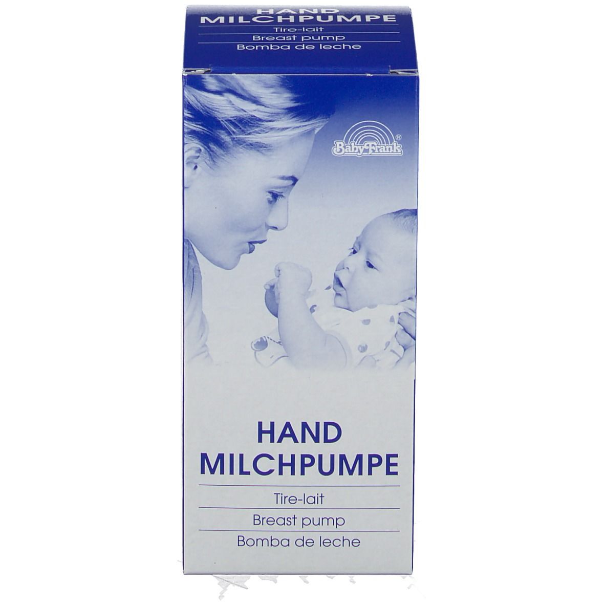 Emballage pour tire-lait. Bleu, avec image mère-enfant. Nom du produit : HAND MILCHPUMPE.
