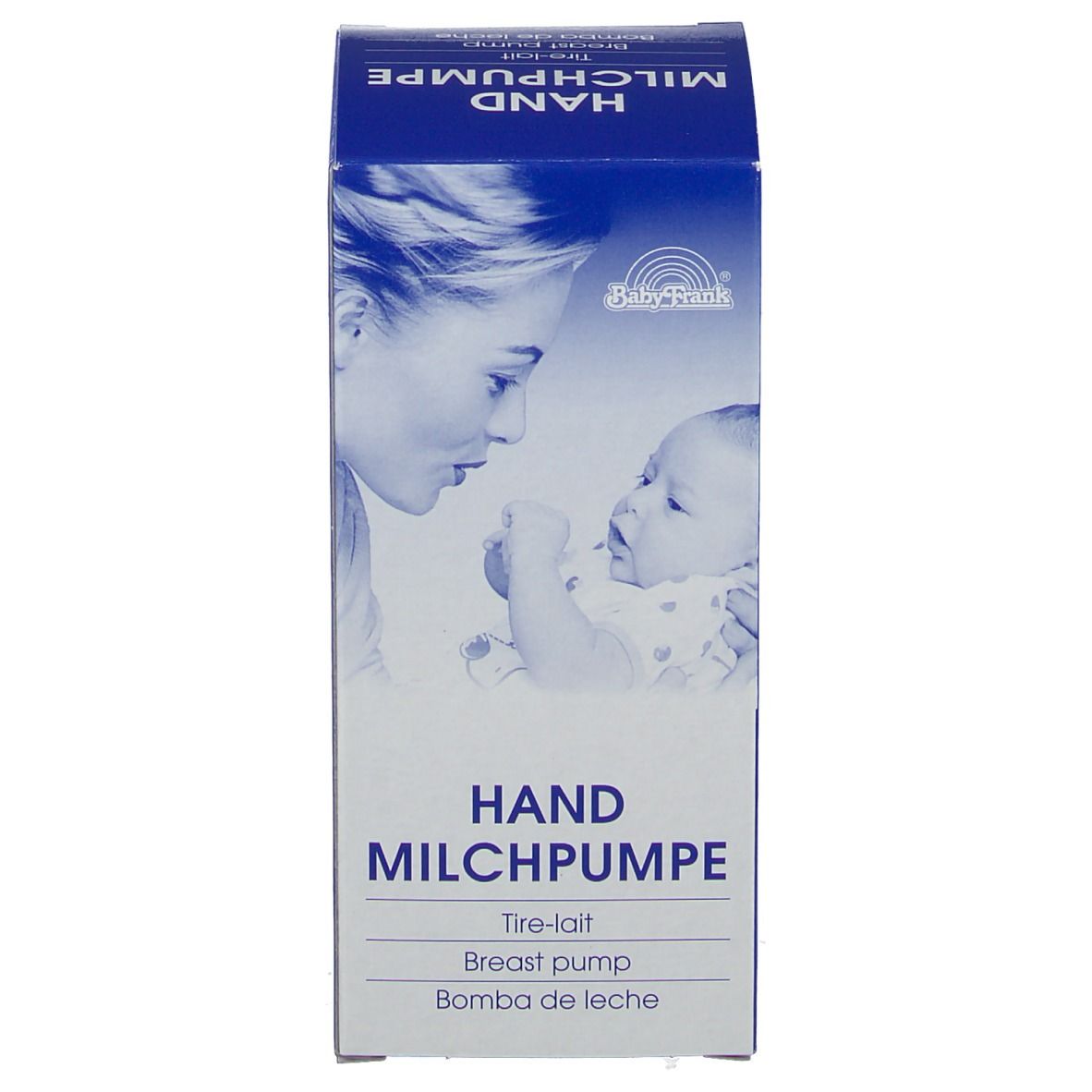 Emballage pour tire-lait. Bleu, avec image mère-enfant. Nom du produit : HAND MILCHPUMPE.