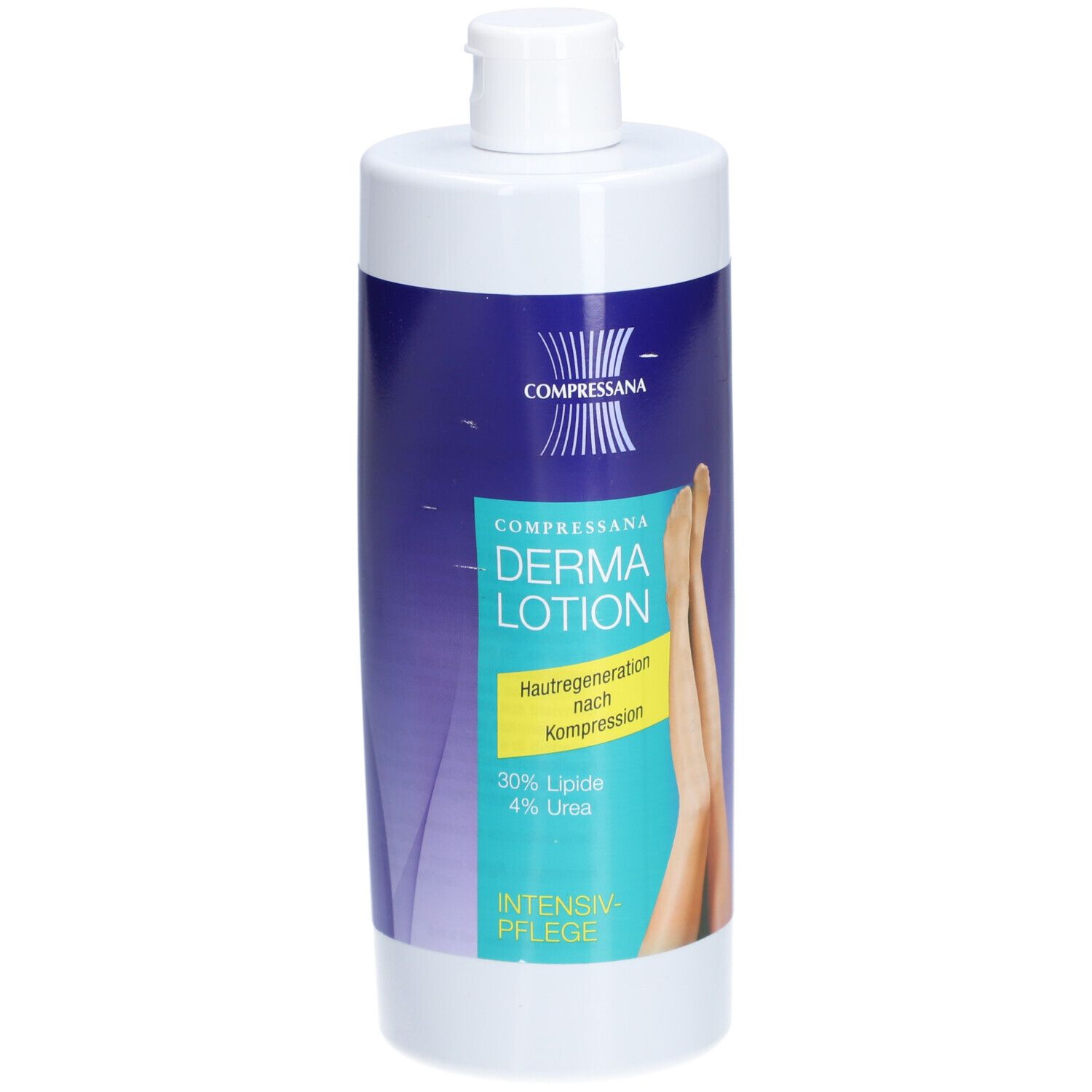 Flacon de lotion Compressana Derma. Étiquette bleu et blanc avec nom du produit, jambes et informations. Bouchon blanc.