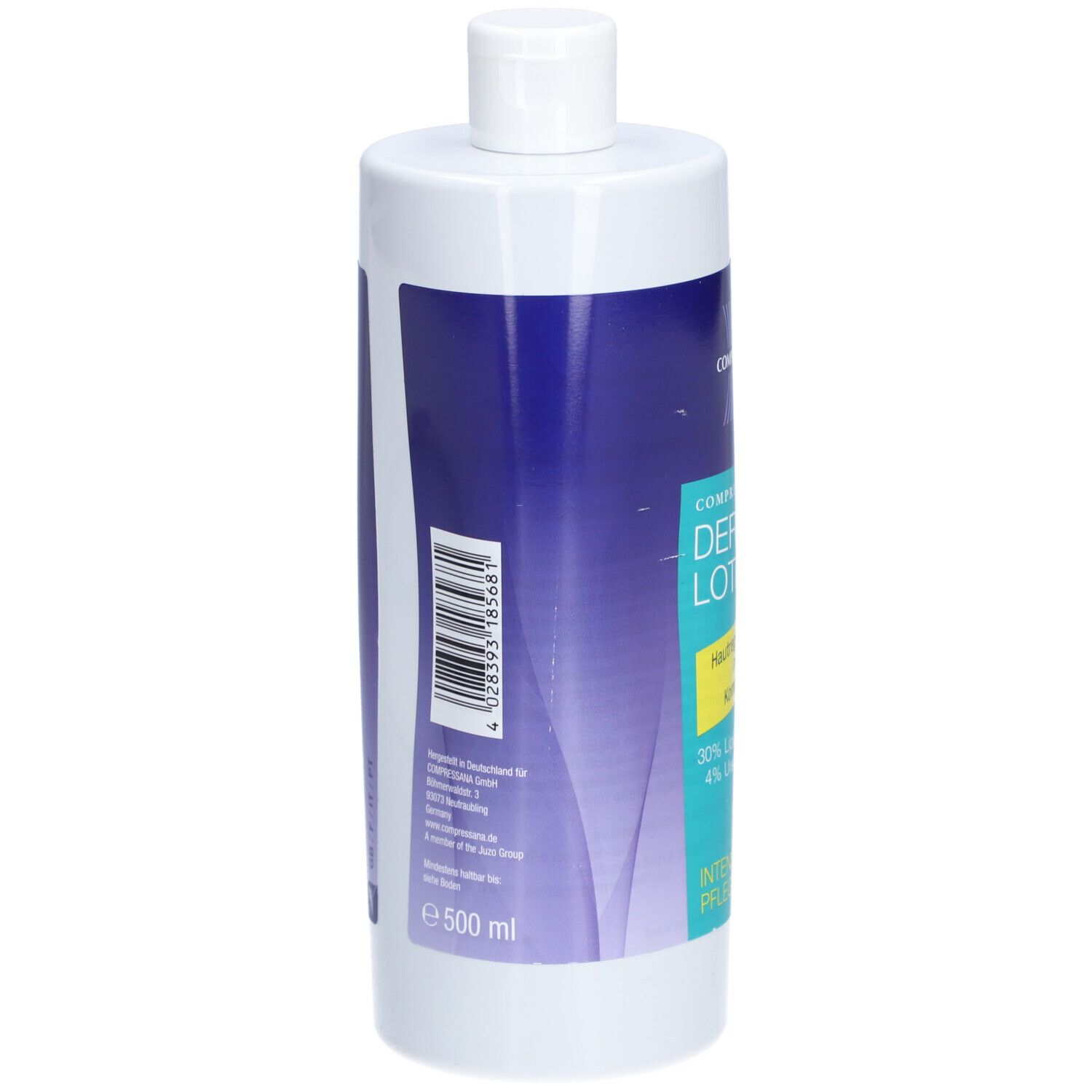 Dos du flacon de lotion Compressana Derma. Code-barres, informations fabricant et volume : 500 ml.