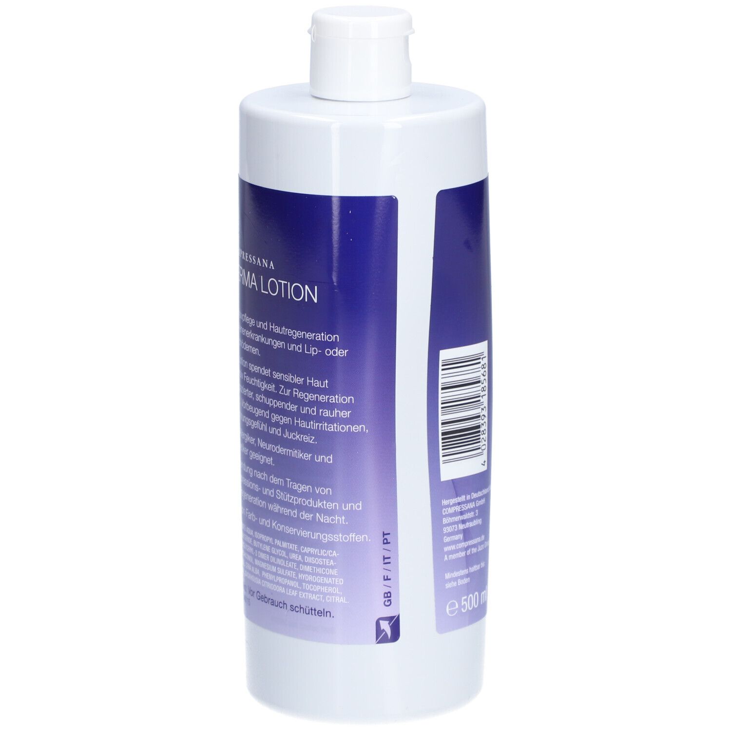 Dos du flacon de lotion Compressana Derma. Texte avec informations produit et ingrédients. Volume : 500 ml.