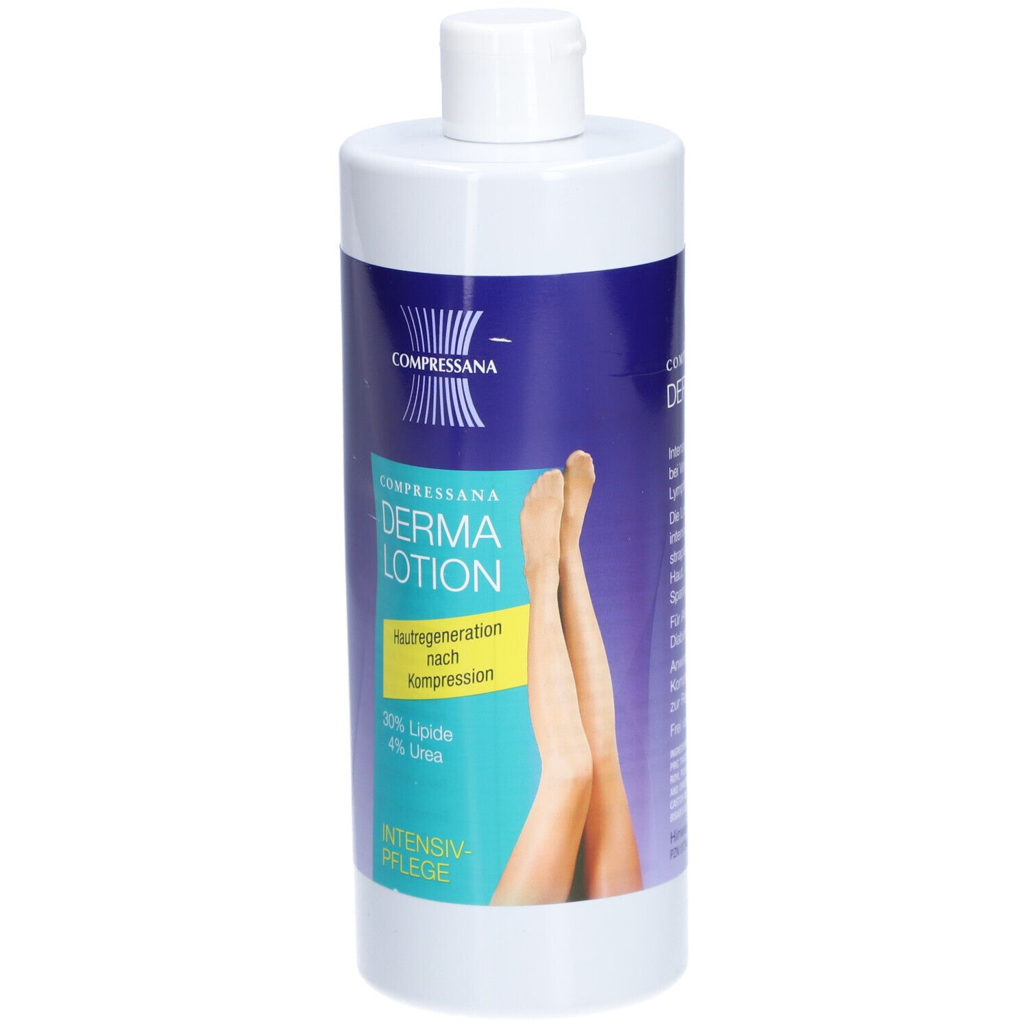 Flacon de lotion Compressana Derma. Étiquette bleu et blanc avec nom du produit, jambes et informations. Bouchon blanc.