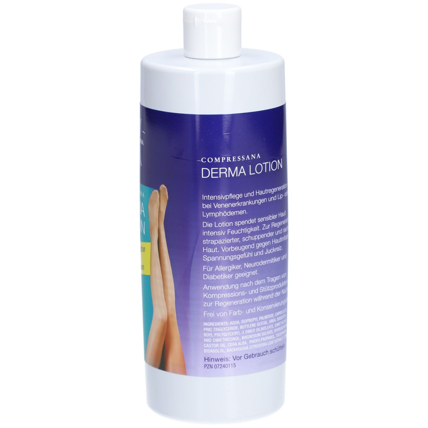 Dos du flacon de lotion Compressana Derma. Texte avec informations produit et ingrédients. Volume : 500 ml.