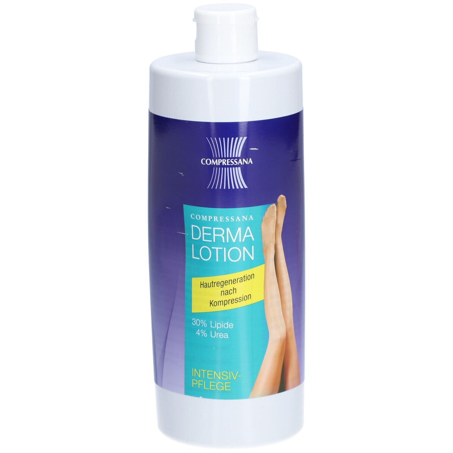 Flacon de lotion Compressana Derma. Étiquette bleu et blanc avec nom du produit, jambes et informations. Bouchon blanc.