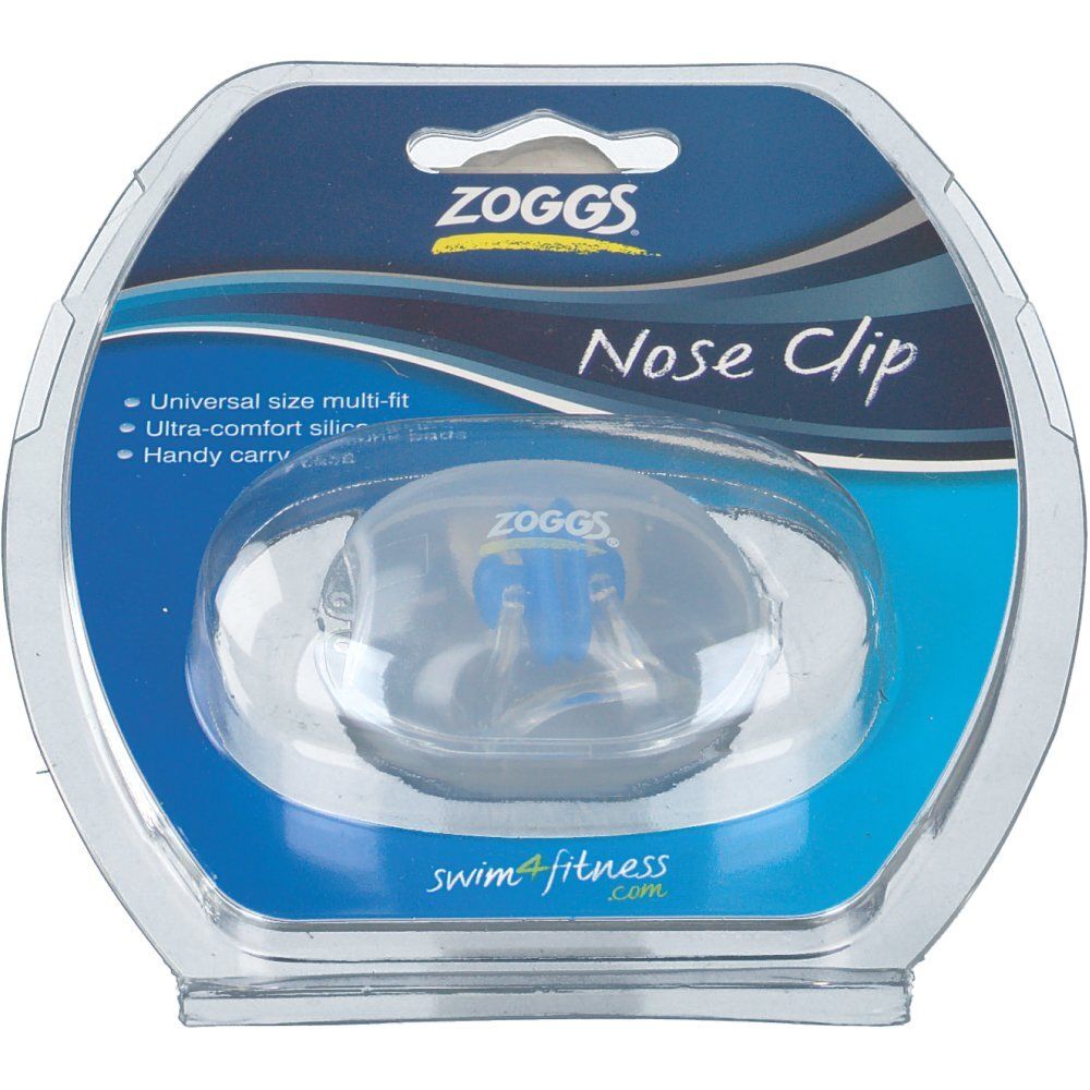 Pince-nez ZOGGS dans un emballage blister. Silicone transparent, élément bleu. Inscription : Nose Clip, swim4fitness.com.