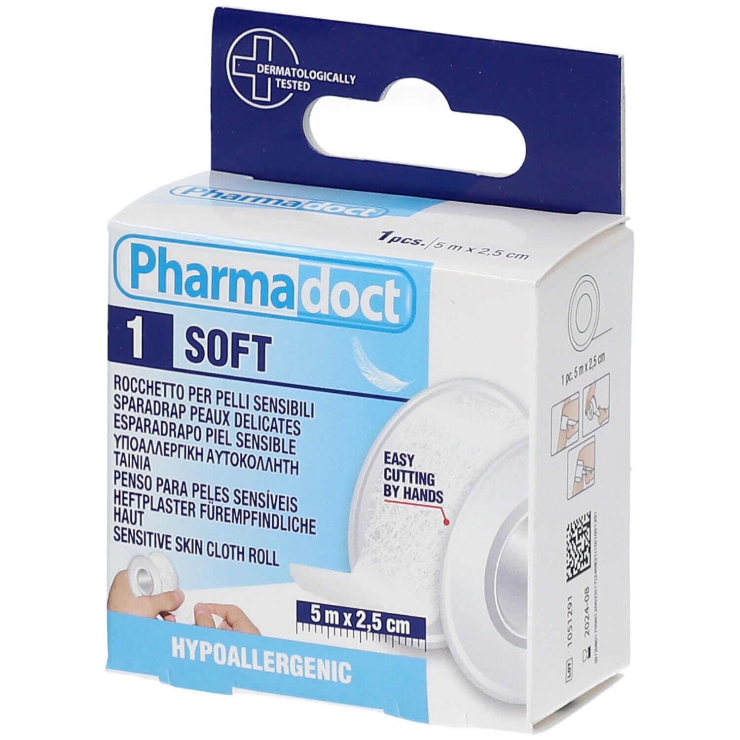Emballage de pansement Pharmadoct. Rouleau de 5 m x 2,5 cm. Hypoallergénique. Testé dermatologiquement. Inscriptions multilingues.