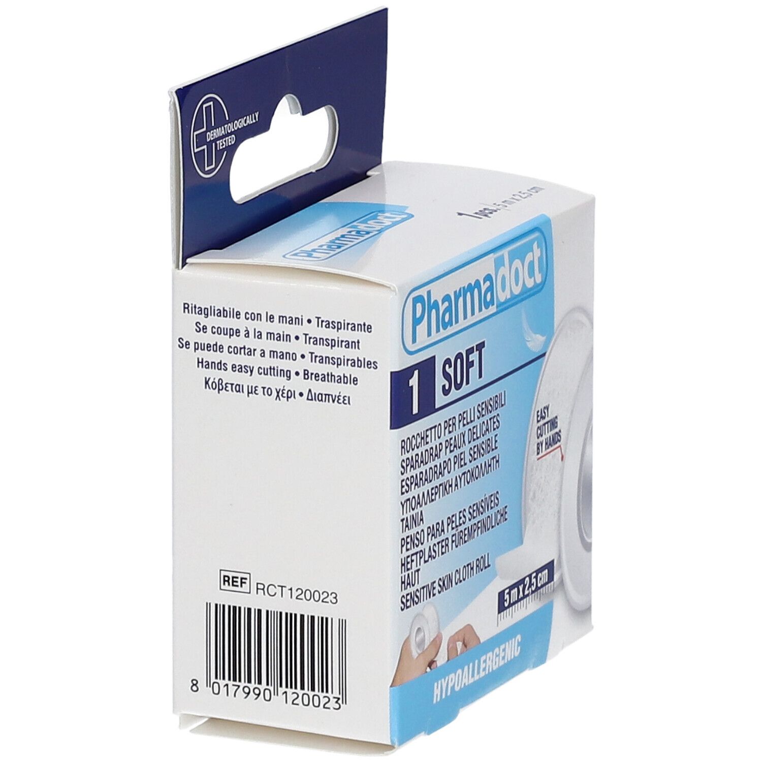 Vue latérale de l'emballage de pansement Pharmadoct. Nom du produit, taille 5 m x 2,5 cm et textes multilingues visibles.