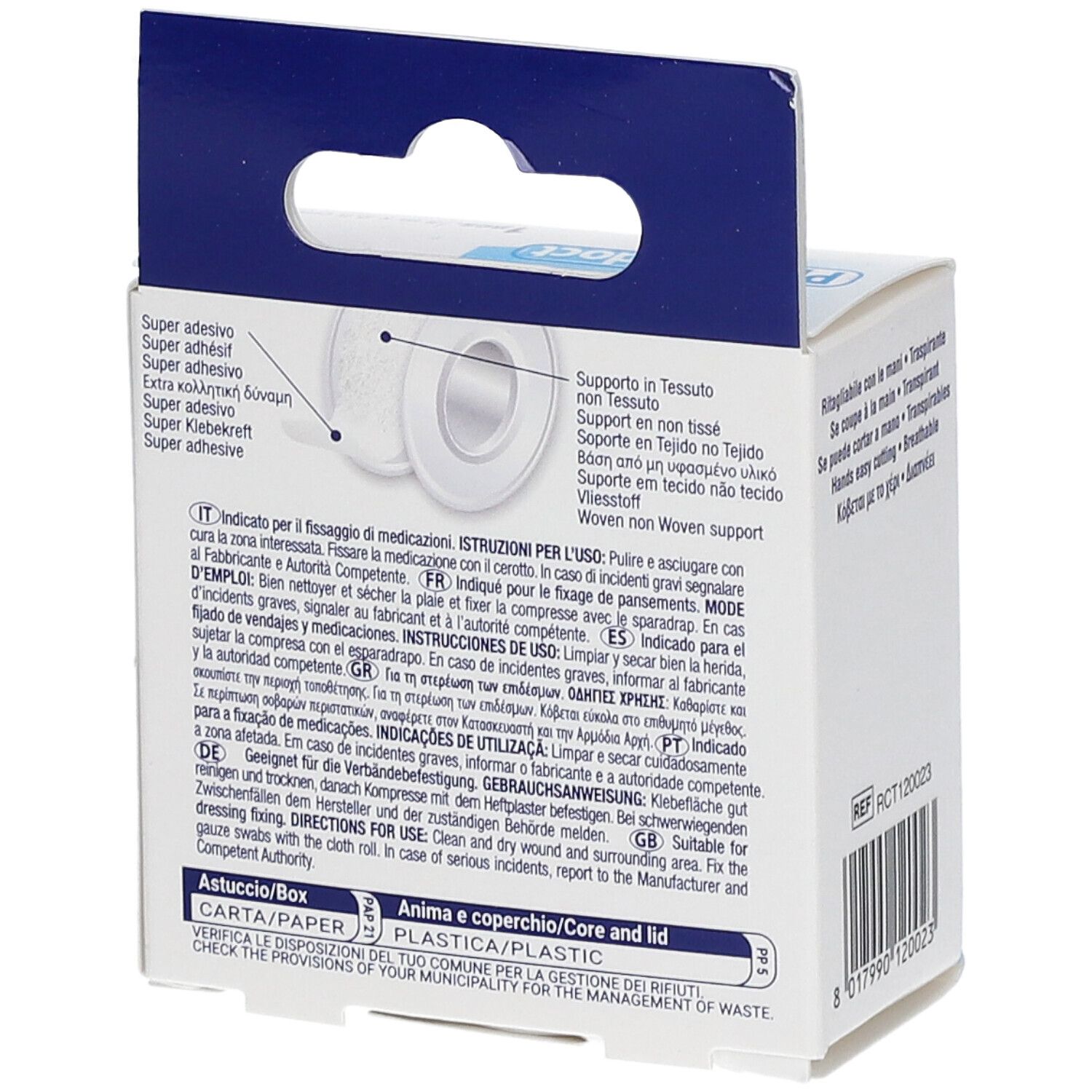 Dos de l'emballage de pansement Pharmadoct. Informations d'utilisation et ingrédients. Texte multilingue.
