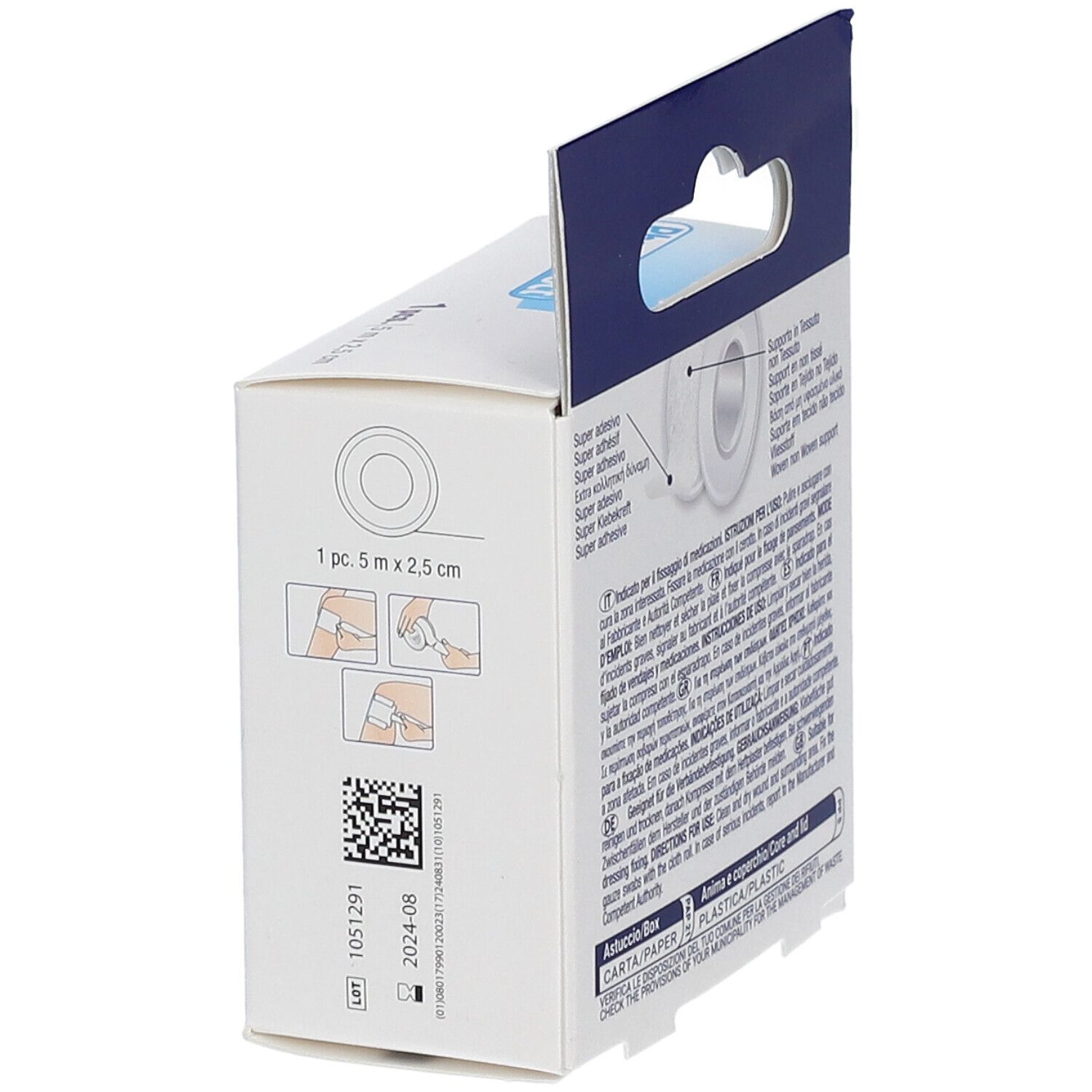 Vue latérale de l'emballage de pansement Pharmadoct. Nom du produit, taille 5 m x 2,5 cm et exemples d'utilisation.