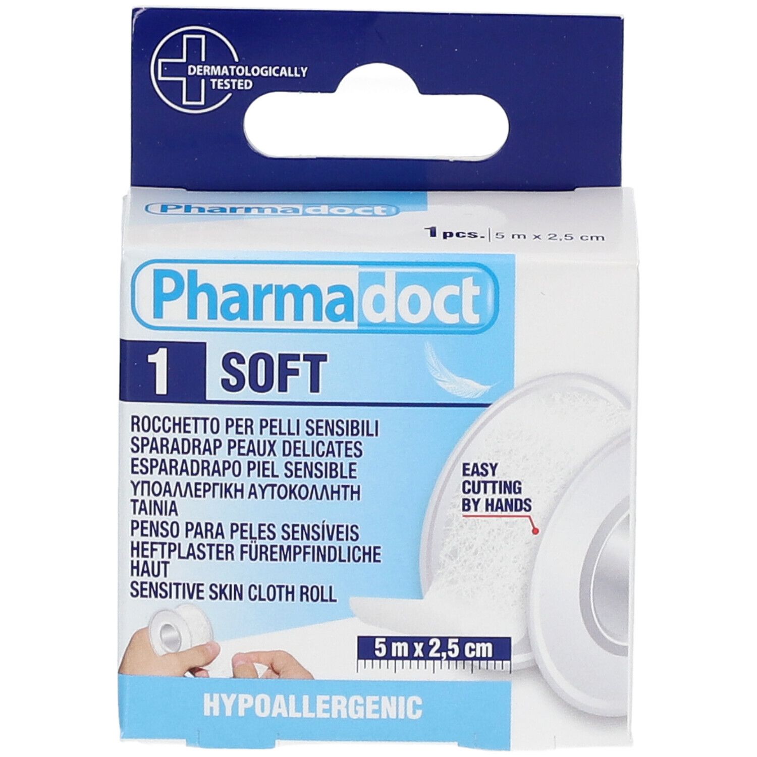 Vue de face de l'emballage de pansement Pharmadoct. Rouleau, 5 m x 2,5 cm. Hypoallergénique. Testé dermatologiquement. Textes multilingues.