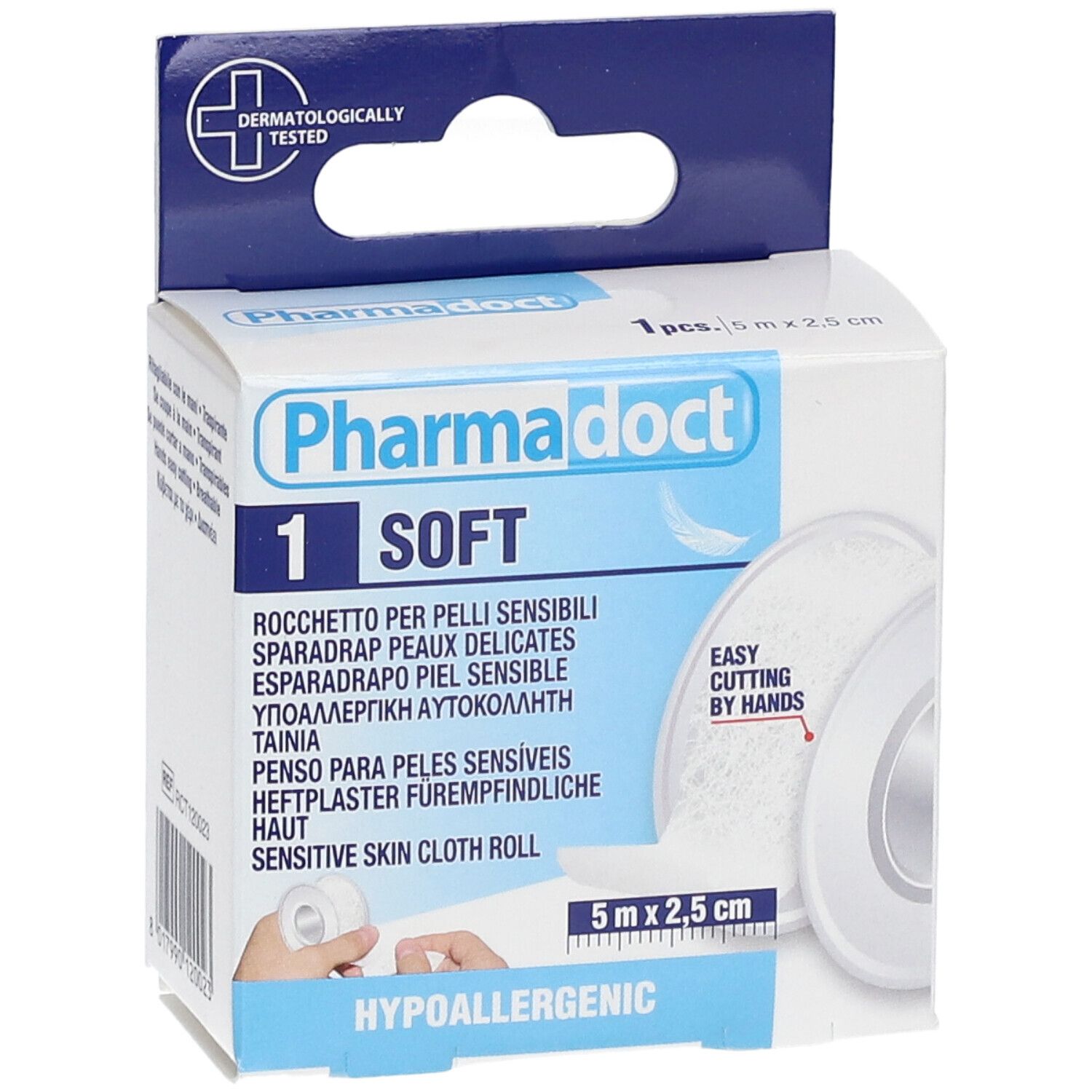Vue de face de l'emballage de pansement Pharmadoct. Rouleau, 5 m x 2,5 cm. Hypoallergénique. Testé dermatologiquement. Textes multilingues.