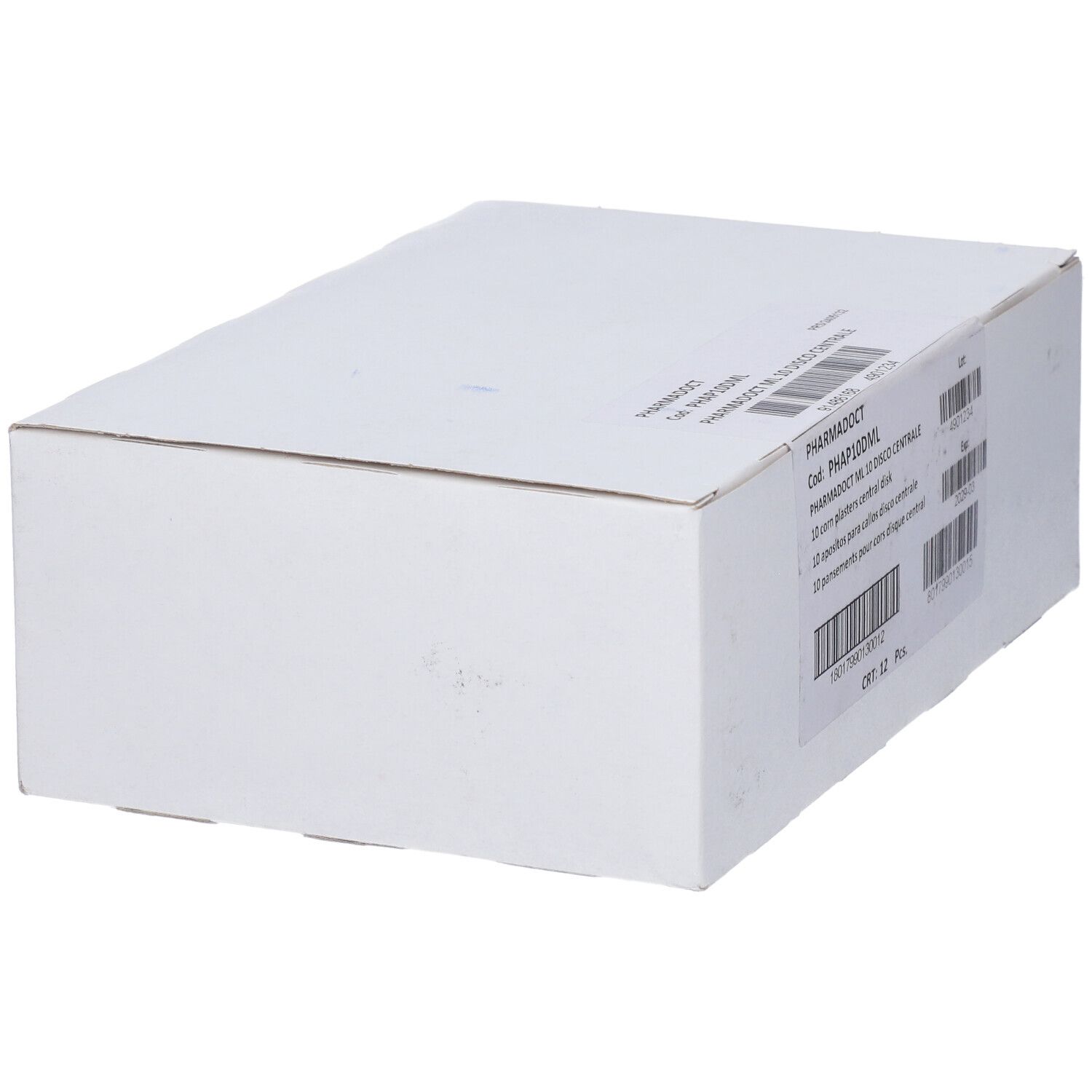 Boîte en carton blanche avec informations produit pour pansements pour cors Pharmadoct.