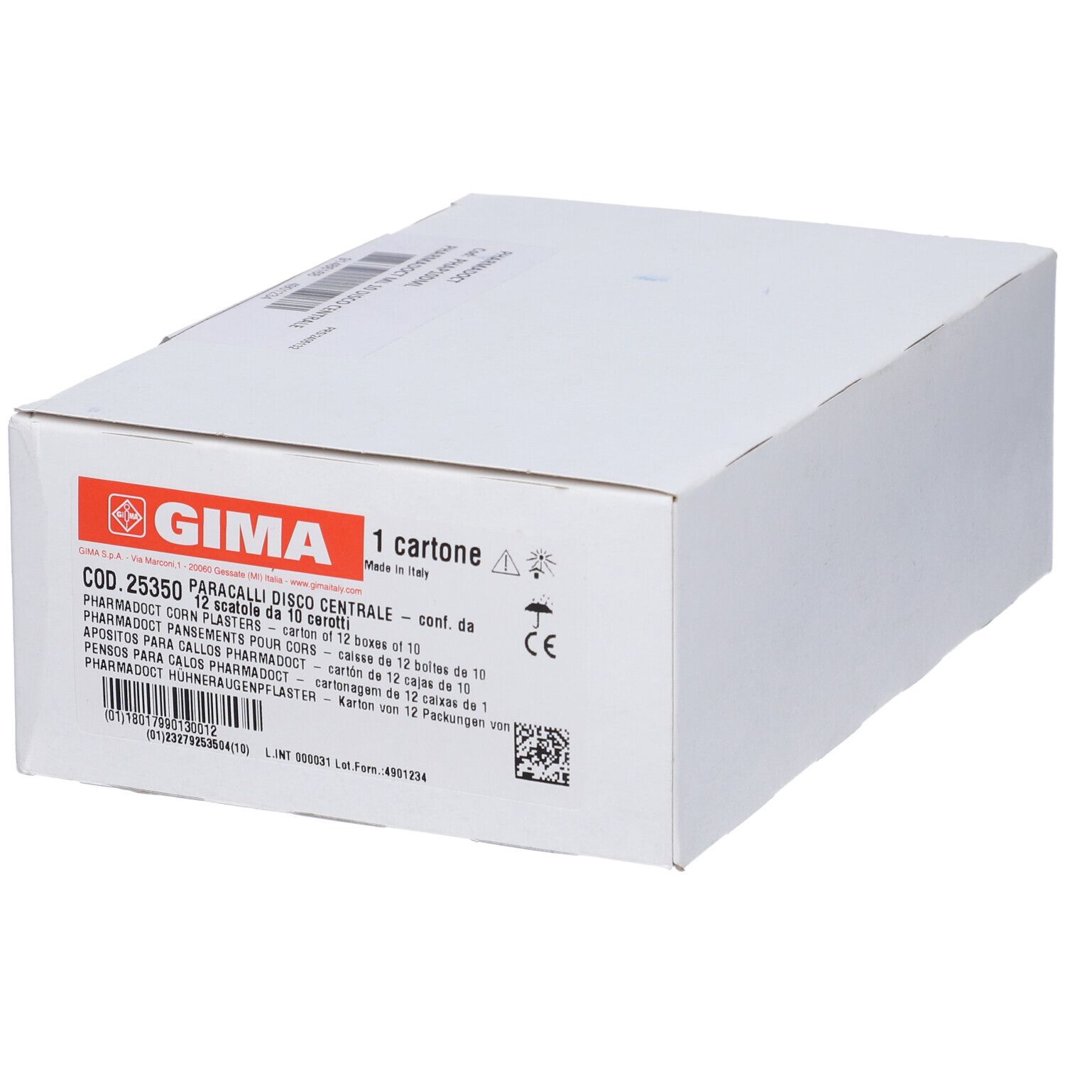 Emballage avec logo GIMA, contient 12 pansements pour cors Pharmadoct avec disque central.