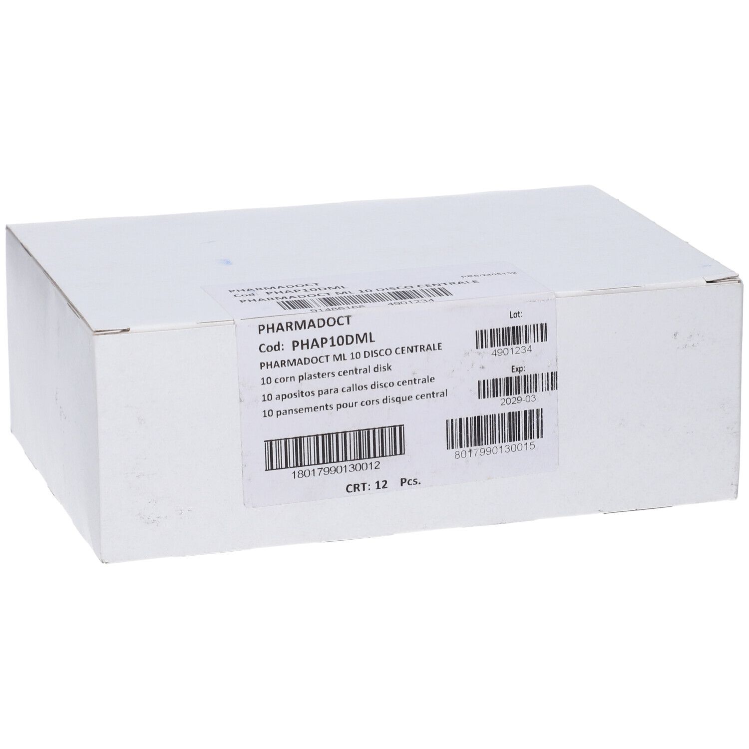 Vue détaillée de l'emballage des pansements pour cors Pharmadoct, 10 pièces, avec date d'expiration.