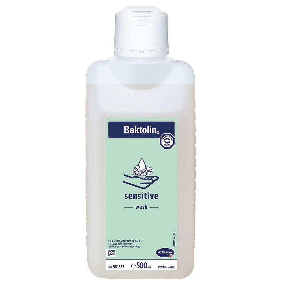 HARTMANN Baktolin® sensitive Waschlotion. Flacon blanc, étiquette verte. Nom du produit, logo et informations.