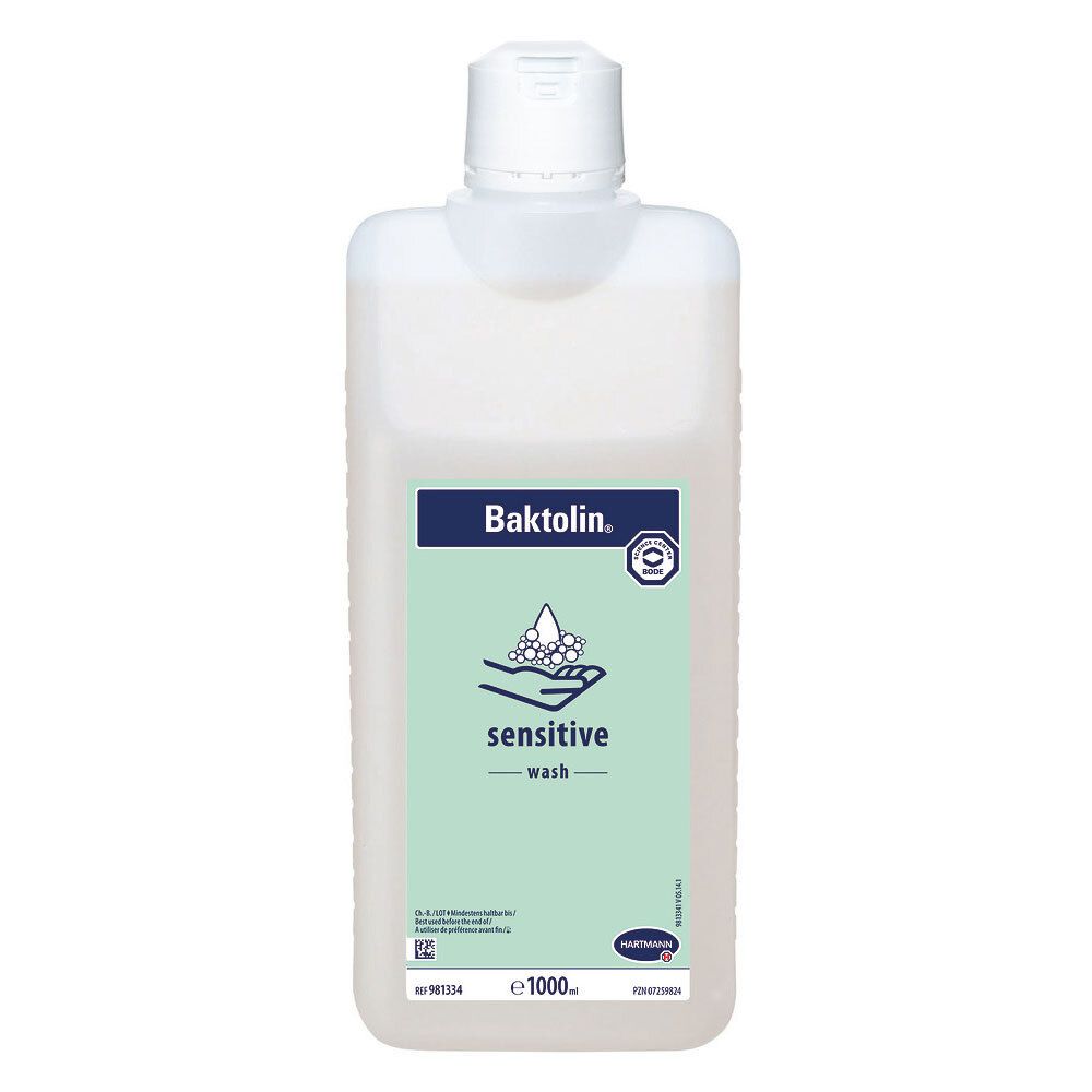Flacon blanc avec étiquette bleu-vert. Inscription: Baktolin sensitive wash. Avec logo de certification.