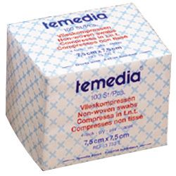 Paquet de compresses temedia®. Motif blanc et bleu. Texte: Compresses non tissées, 7,5 x 7,5 cm.