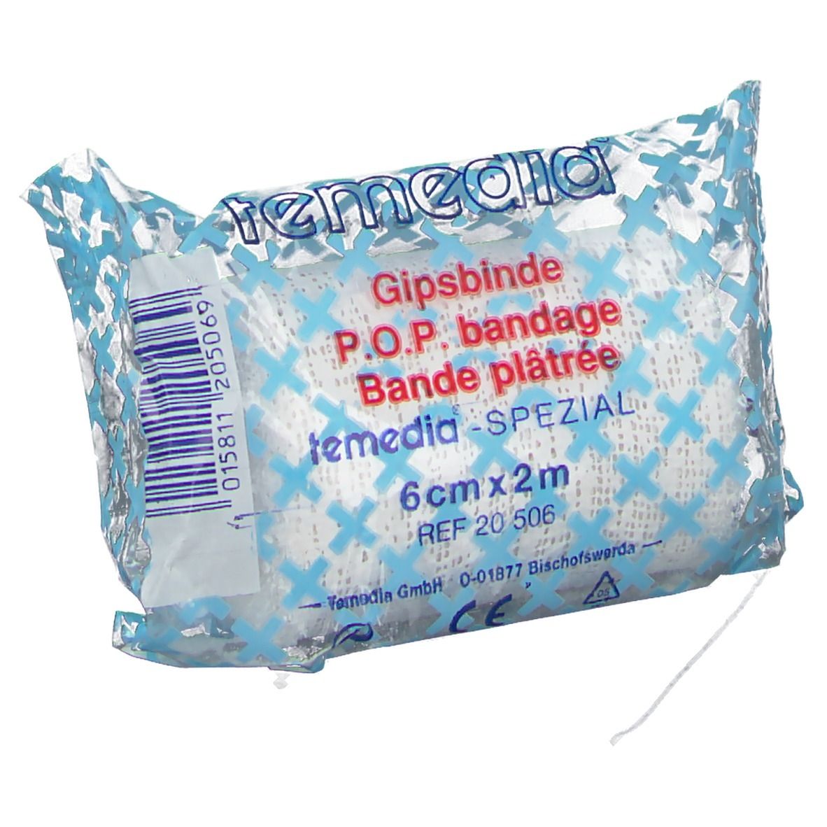 Bande plâtrée dans un emballage plastique. Inscription : Temedia, Gipsbinde, 6 cm x 2 m. Emballage bleu et blanc.
