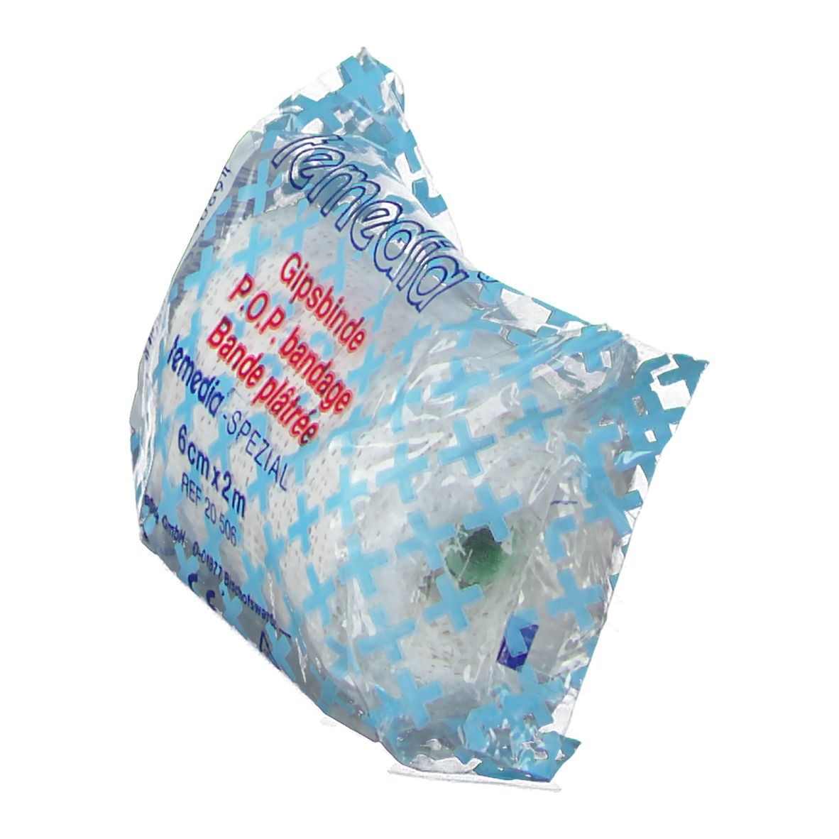 Bande plâtrée dans un emballage plastique. Inscription : Temedia, Gipsbinde, 6 cm x 2 m. Emballage bleu et blanc.