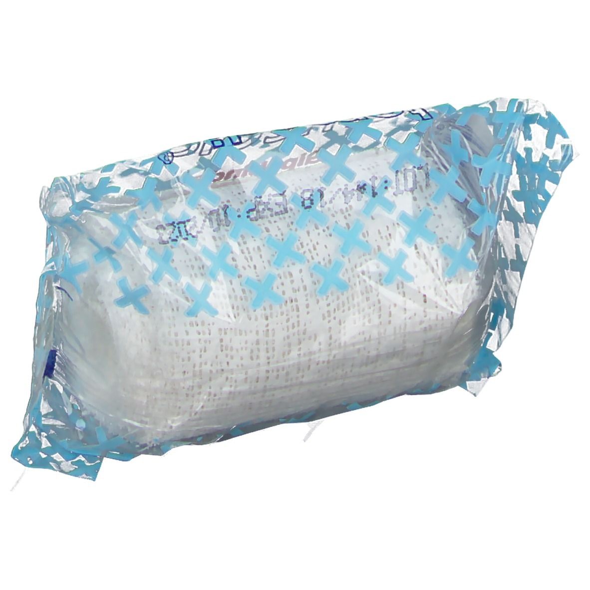 Bande plâtrée dans un emballage plastique. Inscription : Temedia, Gipsbinde, 6 cm x 2 m. Emballage bleu et blanc.