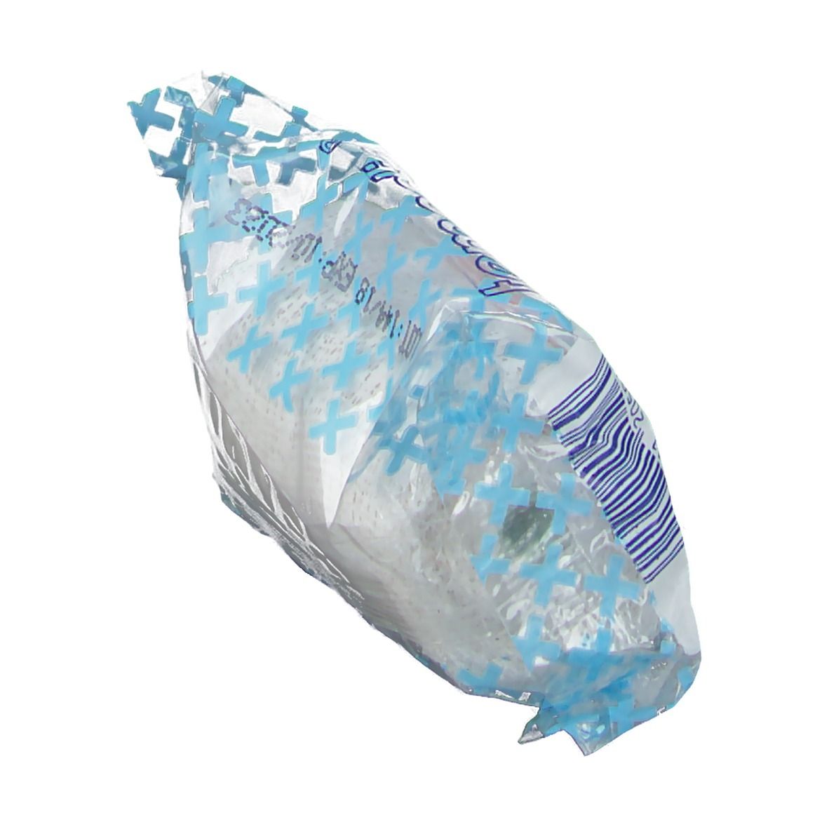 Bande plâtrée dans un emballage plastique. Inscription : Temedia, Gipsbinde, 6 cm x 2 m. Emballage bleu et blanc.