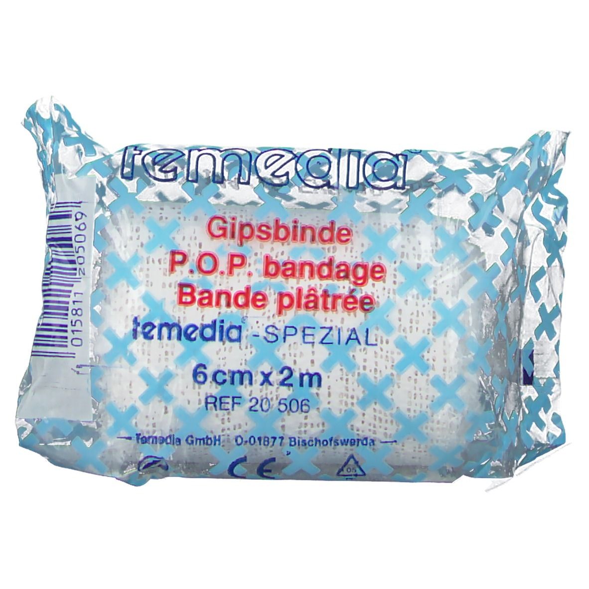 Bande plâtrée dans un emballage plastique. Inscription : Temedia, Gipsbinde, 6 cm x 2 m. Emballage bleu et blanc.