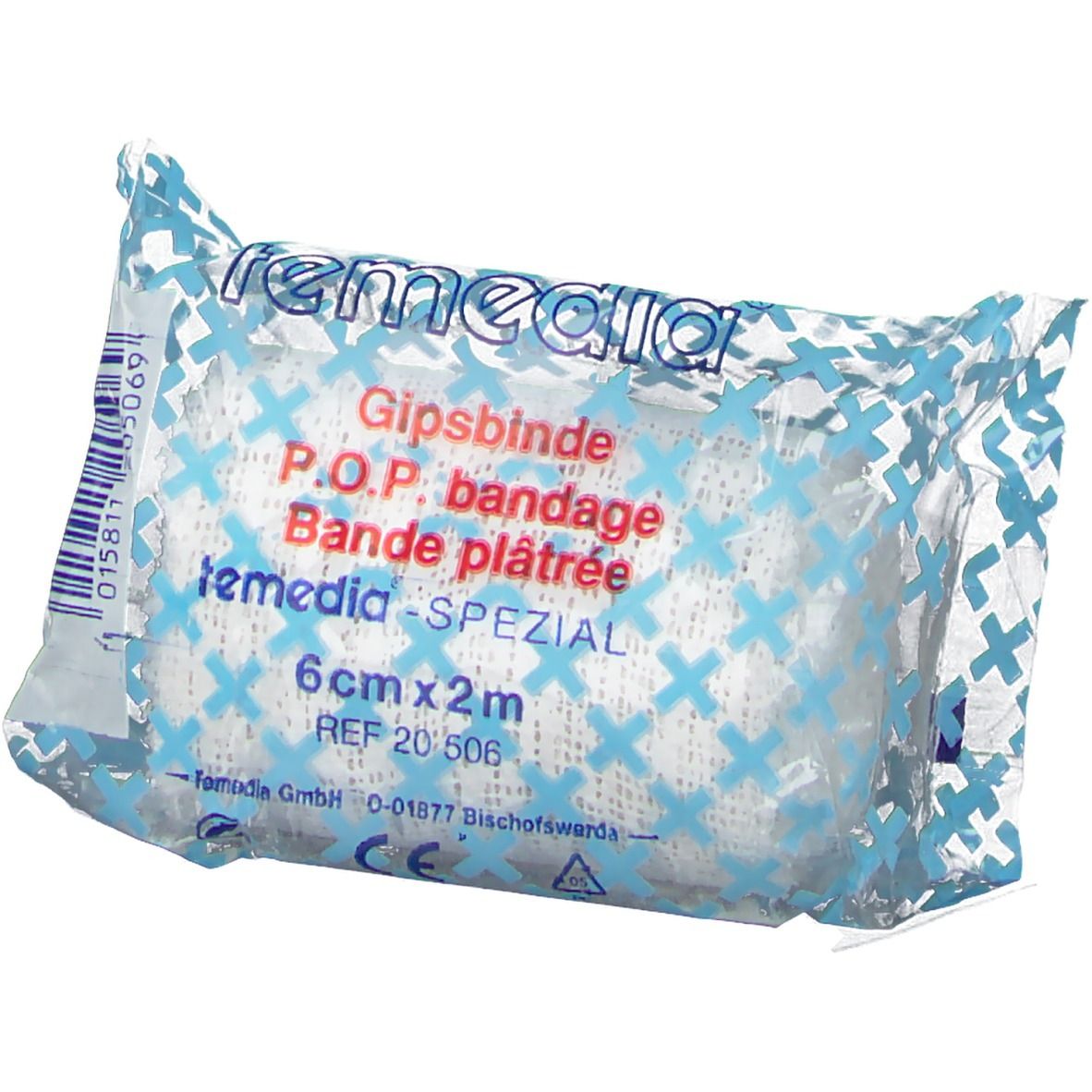 Bande plâtrée dans un emballage plastique. Inscription : Temedia, Gipsbinde, 6 cm x 2 m. Emballage bleu et blanc.