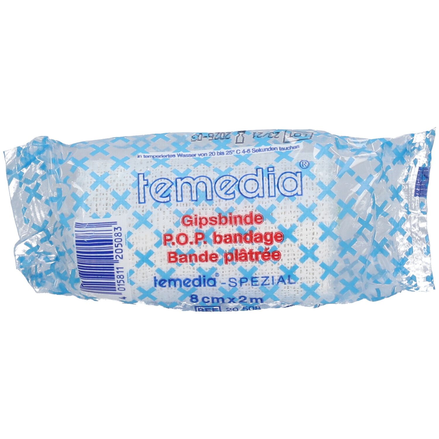 Bande plâtrée dans un emballage plastique. Nom du produit et dimensions : 8 cm x 2 m. Motifs croix bleues sur film transparent.