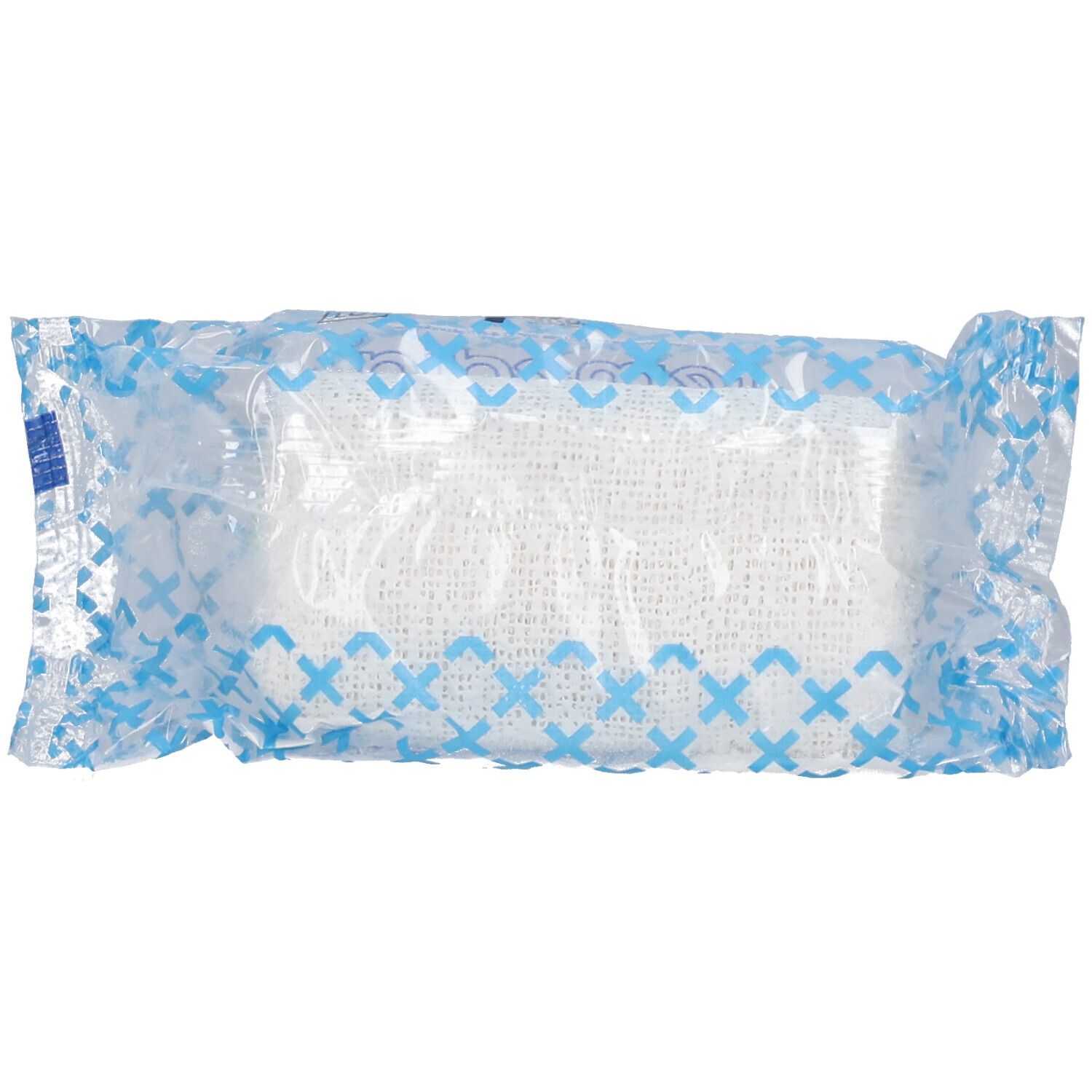 Bande plâtrée dans un emballage plastique. Emballage du produit visible avec motif de croix bleu. Aucun autre détail visible.
