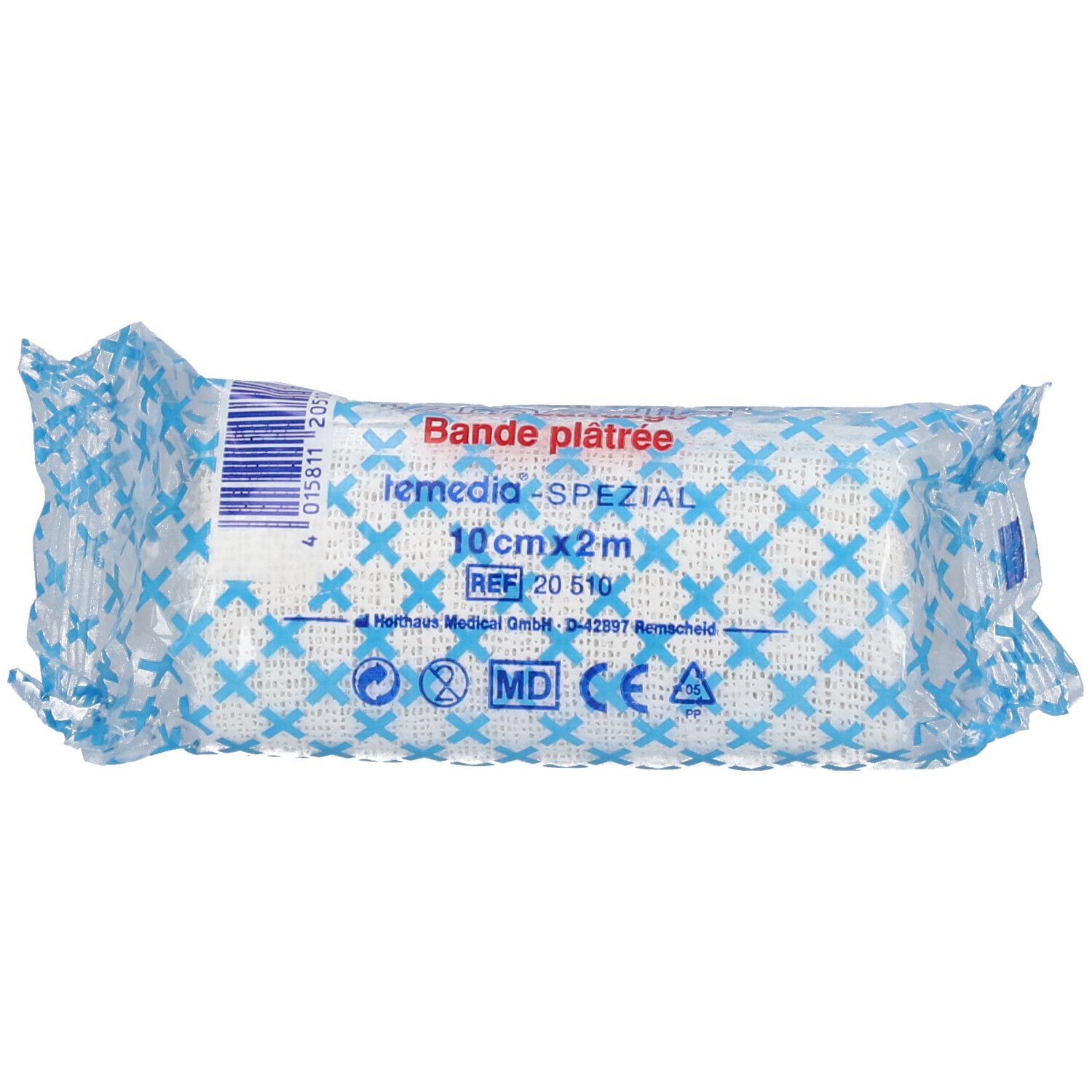 Bande plâtrée Temedia® Spezial, 10 cm x 2 m, emballée. Motifs croix bleues sur fond blanc. Informations produit visibles.