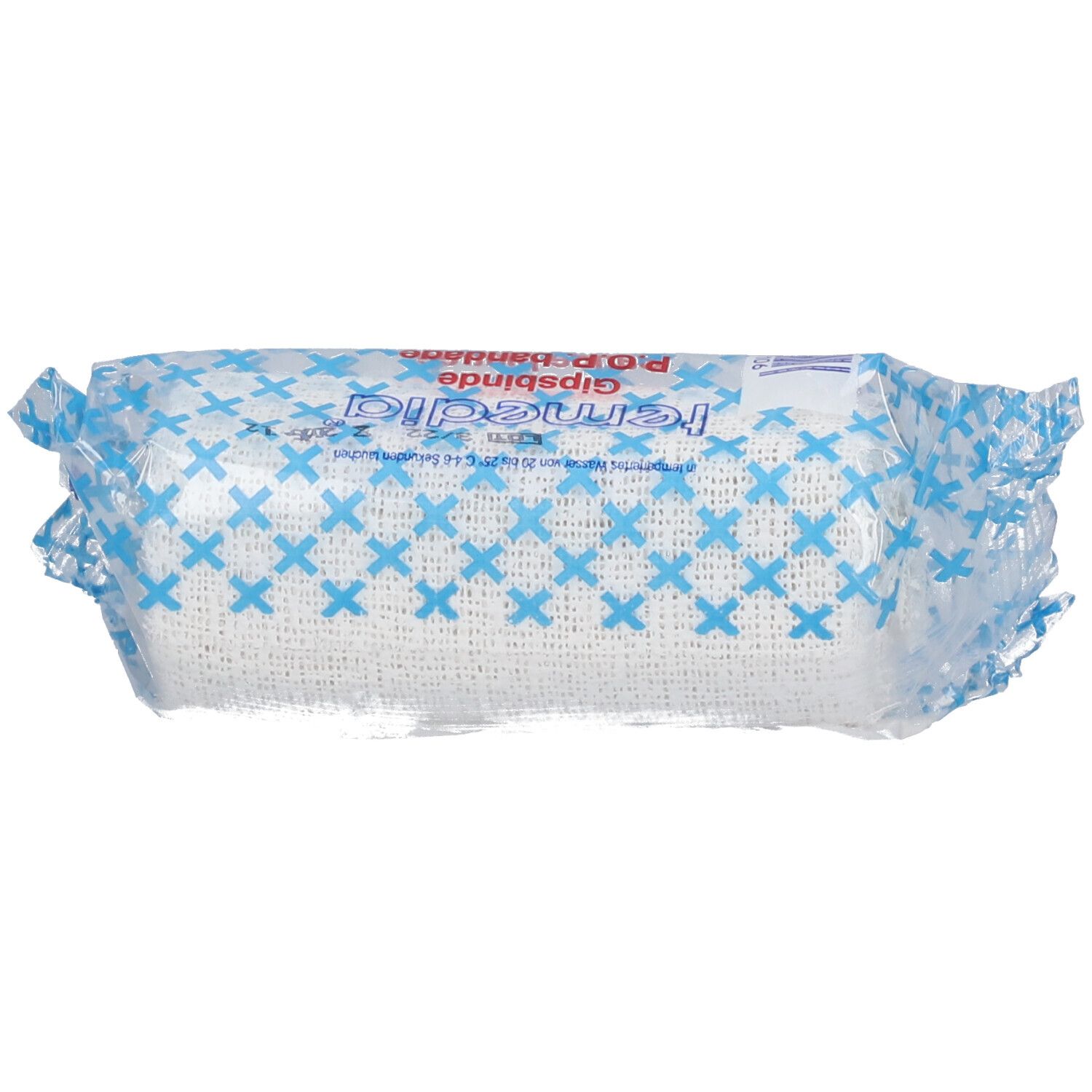 Bande plâtrée Temedia® Spezial, emballée. Motifs croix bleues sur fond blanc. Nom du produit et informations.