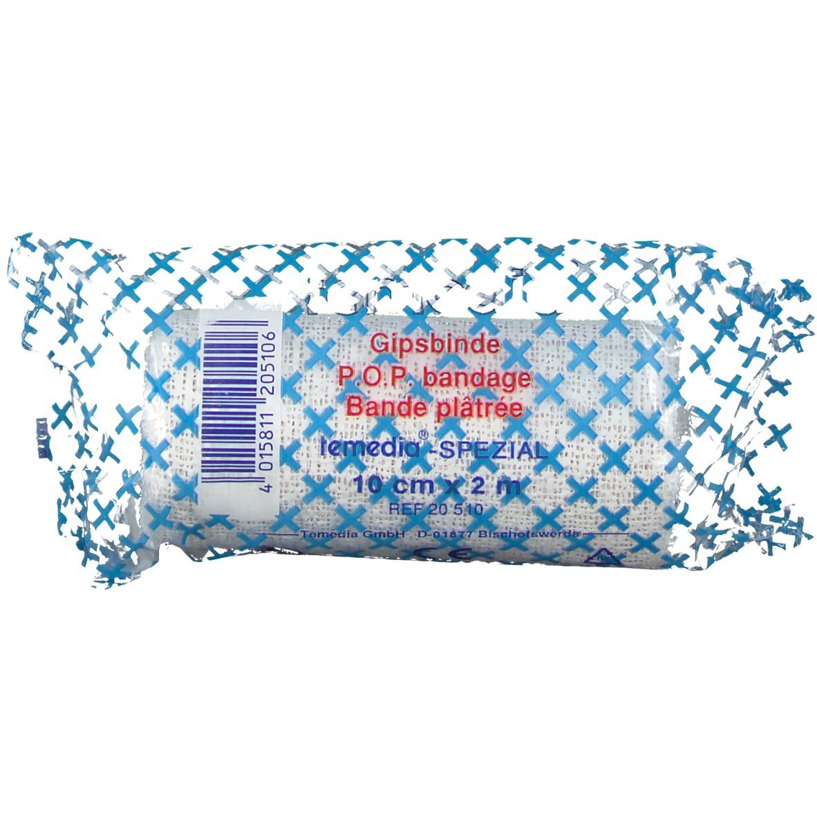 Bande plâtrée Temedia® Spezial, 10 cm x 2 m, emballée. Motifs croix bleues sur fond blanc. Informations produit.