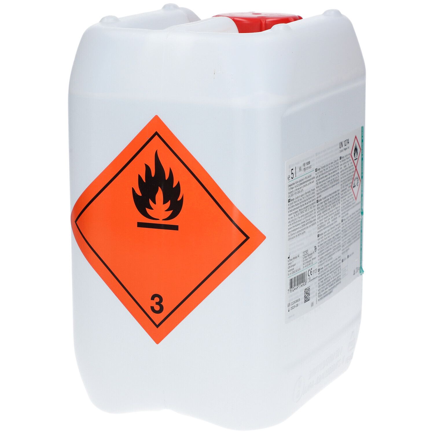 Bidon blanc avec bouchon rouge. Symbole de danger sur le côté. Informations produit sur l'étiquette.