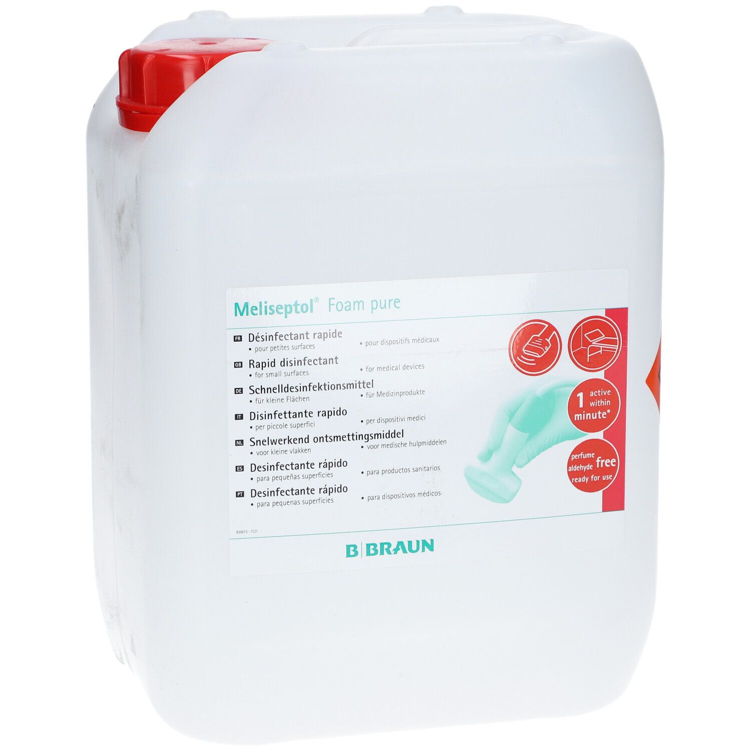 Bidon blanc avec bouchon rouge et étiquette. Inscription : Meliseptol Foam pure. Symbole de danger.