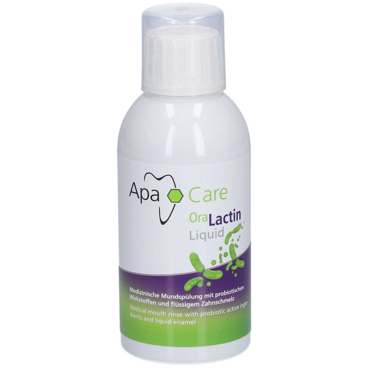 Flacon blanc ApaCare OraLactin Liquid. Inscription verte et violette. Bouchon en haut.