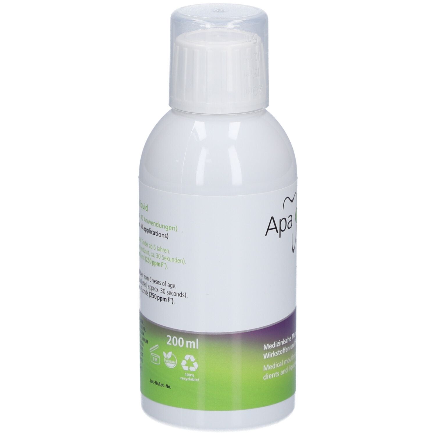 Flacon blanc ApaCare OraLactin Liquid. Dos avec texte et logos. Impression verte et violette.