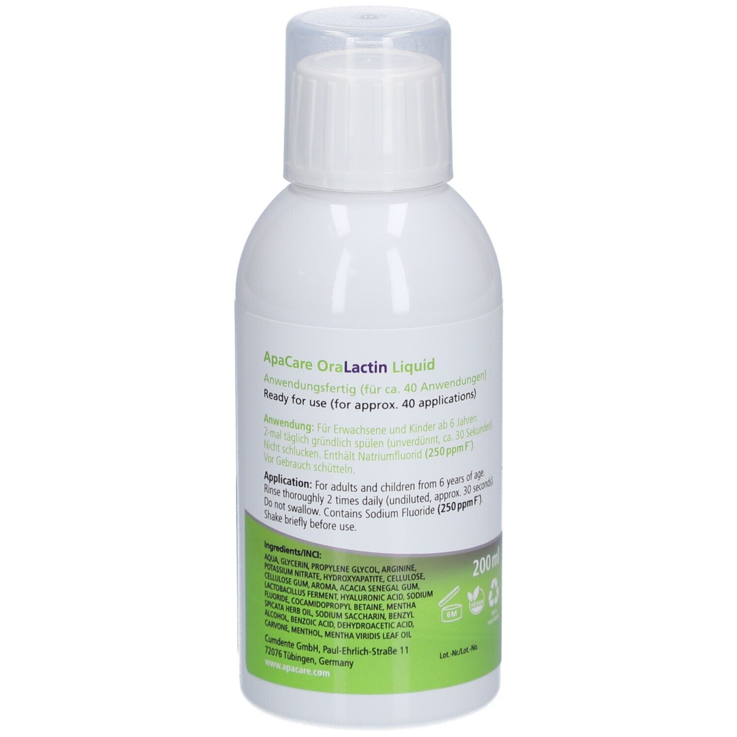 Flacon blanc ApaCare OraLactin Liquid. Dos avec texte. Impression verte et violette.
