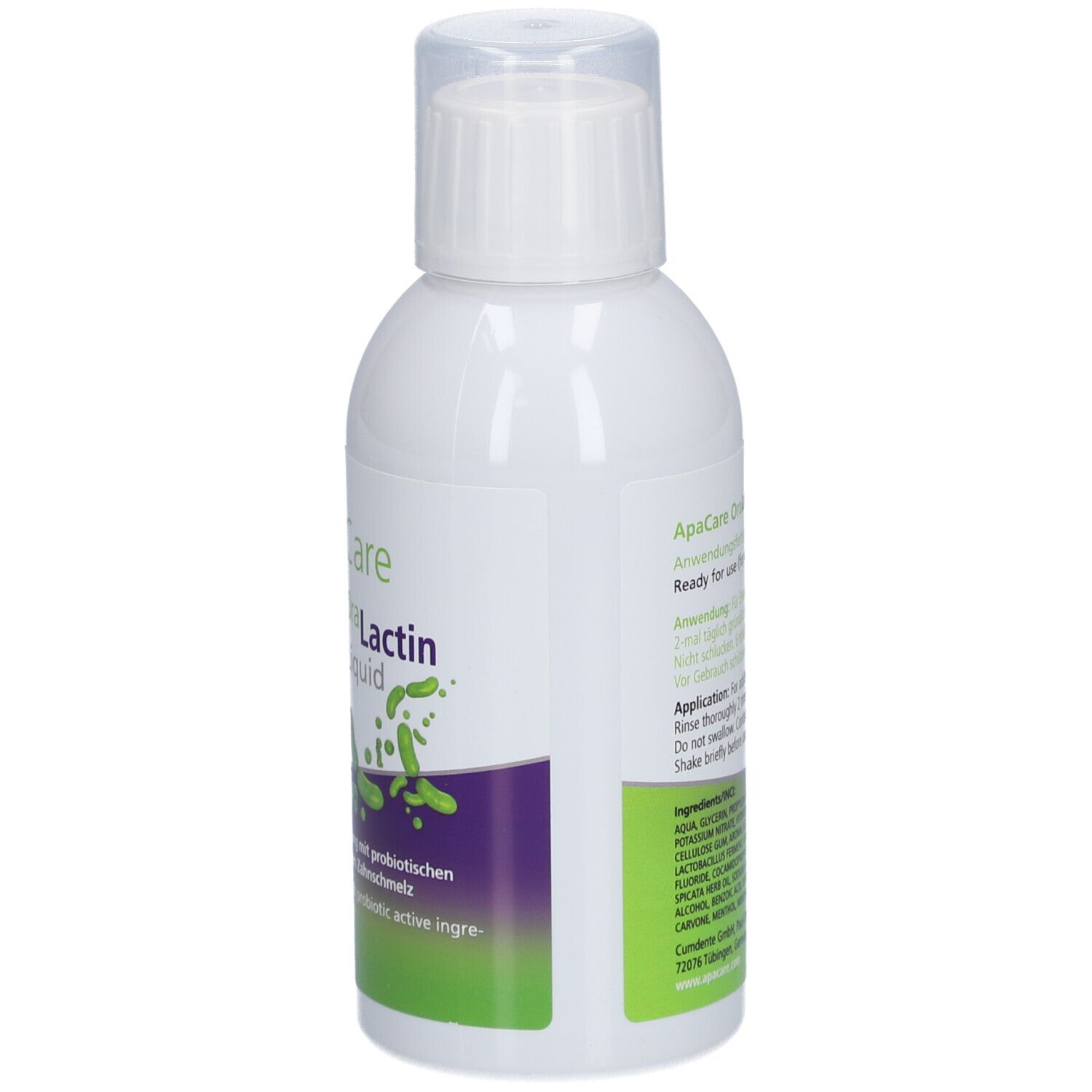 Flacon blanc ApaCare OraLactin Liquid. Impression verte et violette. Bouchon en haut.