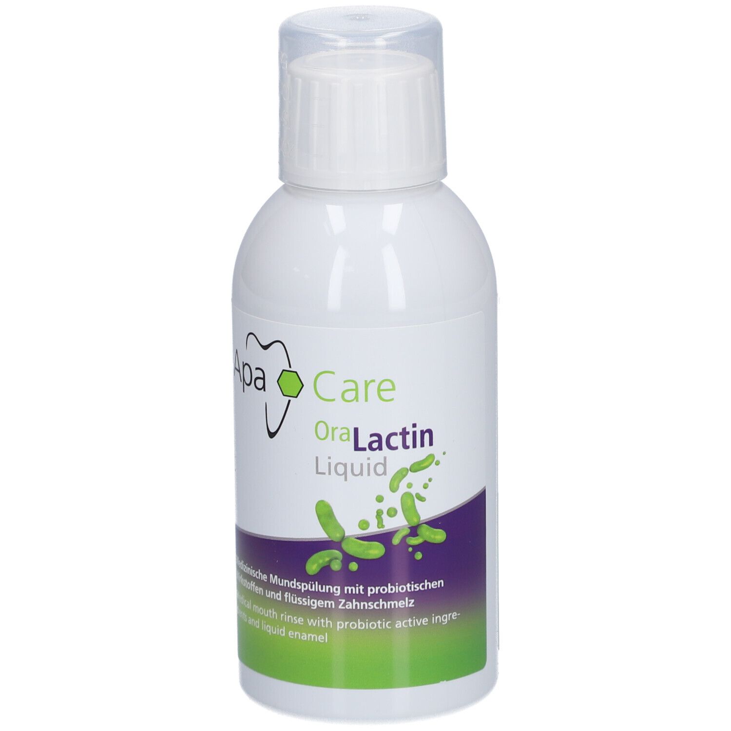 Flacon blanc ApaCare OraLactin Liquid. Impression verte et violette. Bouchon en haut.