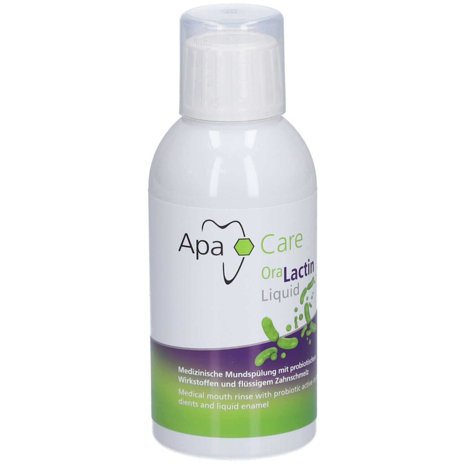 Flacon blanc ApaCare OraLactin Liquid. Impression verte et violette. Bouchon en haut.
