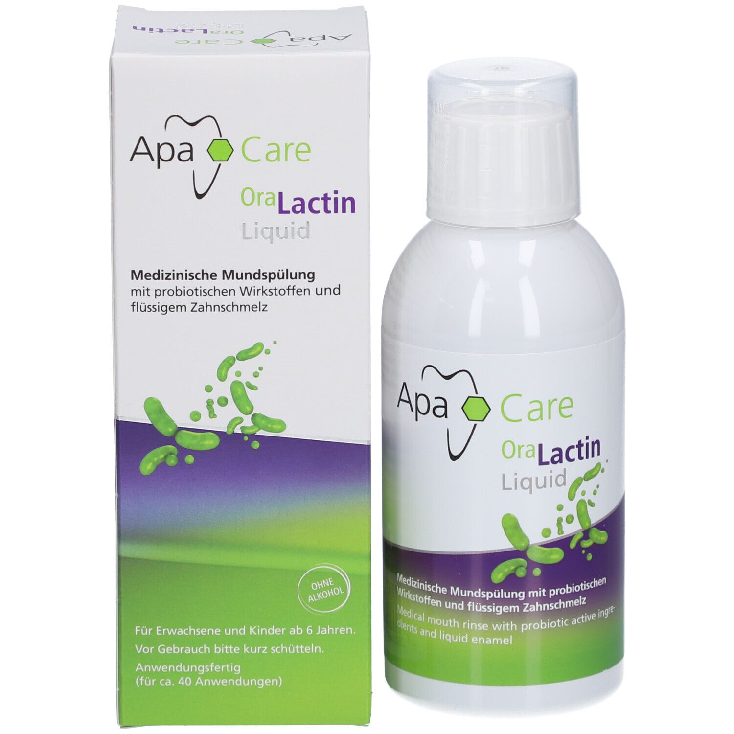 ApaCare OraLactin Liquid et emballage. Flacon et boîte. Impression verte et violette.