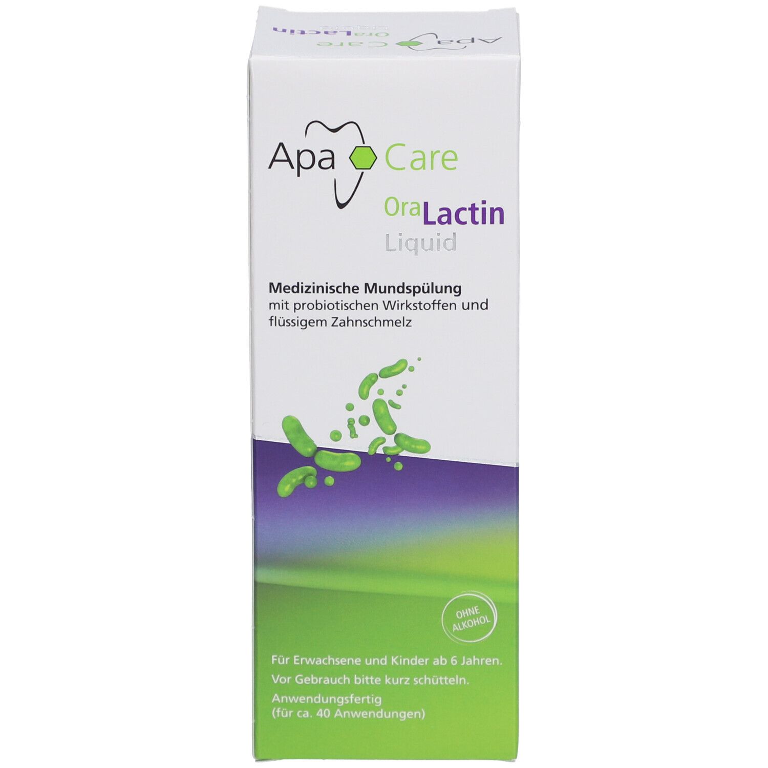 Emballage d'ApaCare OraLactin Liquid. Impression verte et violette. Sans alcool.