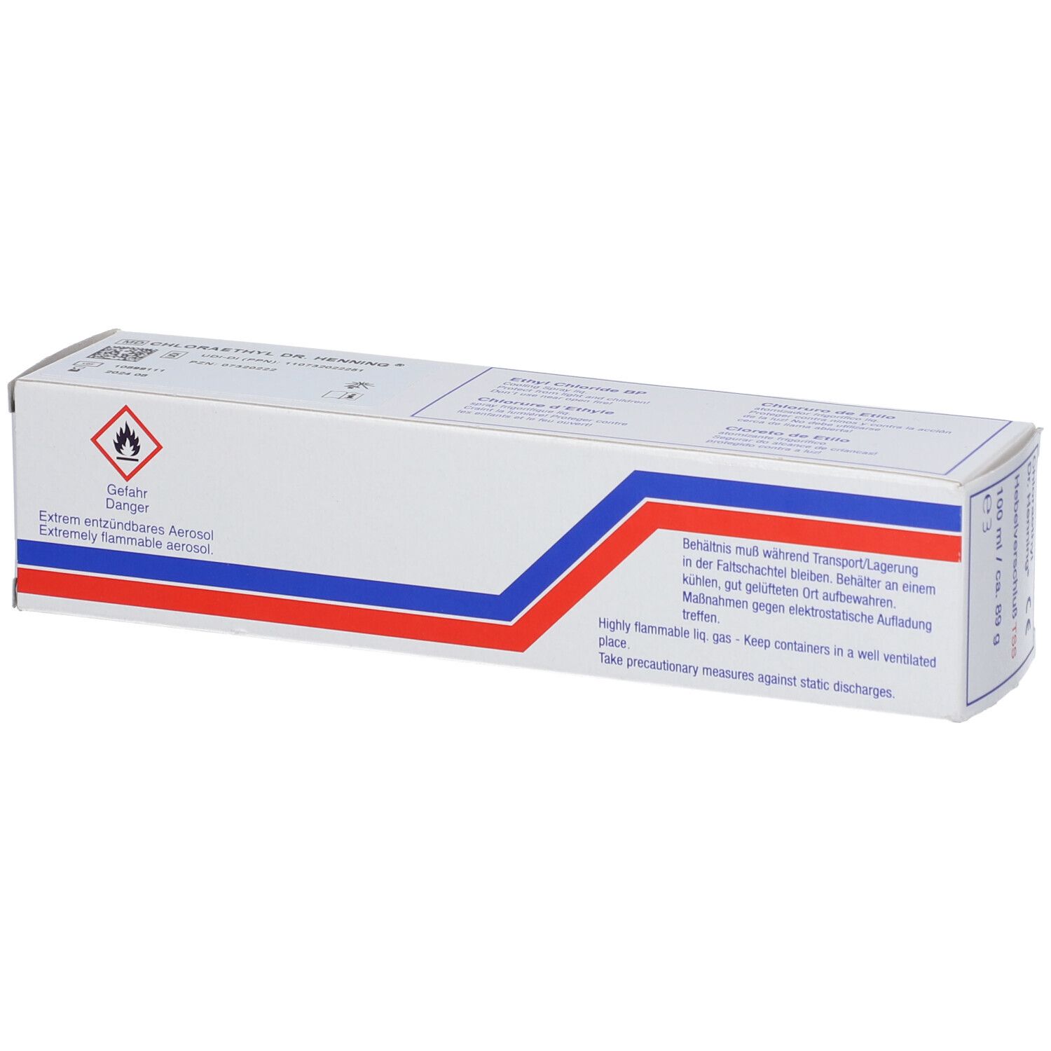 Boîte de Chloraethyl Dr. Henning. Blanche, rayures bleues et rouges. Avertissement de danger : aérosol extrêmement inflammable.