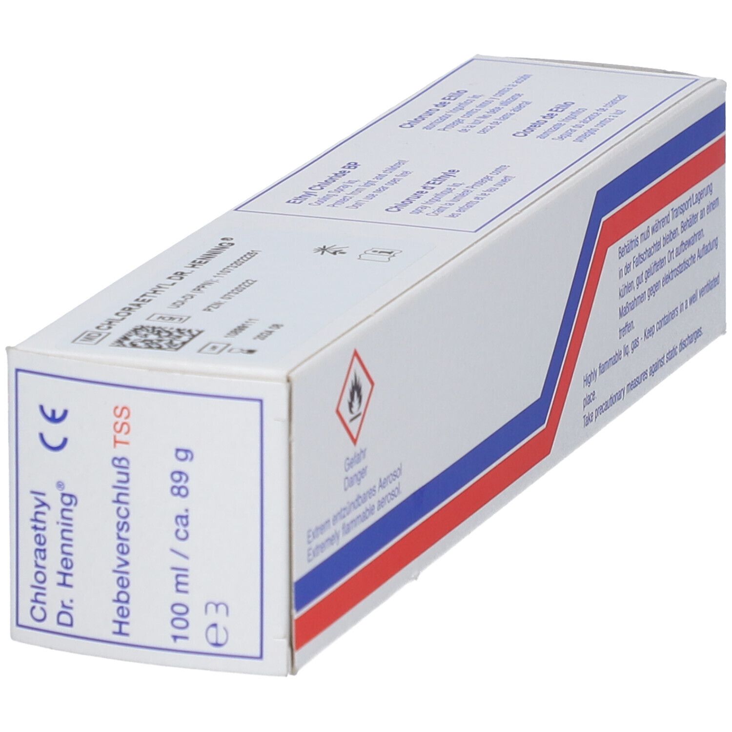 Boîte de Chloraethyl Dr. Henning. Blanche, rayures bleues et rouges. Texte : 100 ml, fermeture à levier TSS. Avertissement de danger.