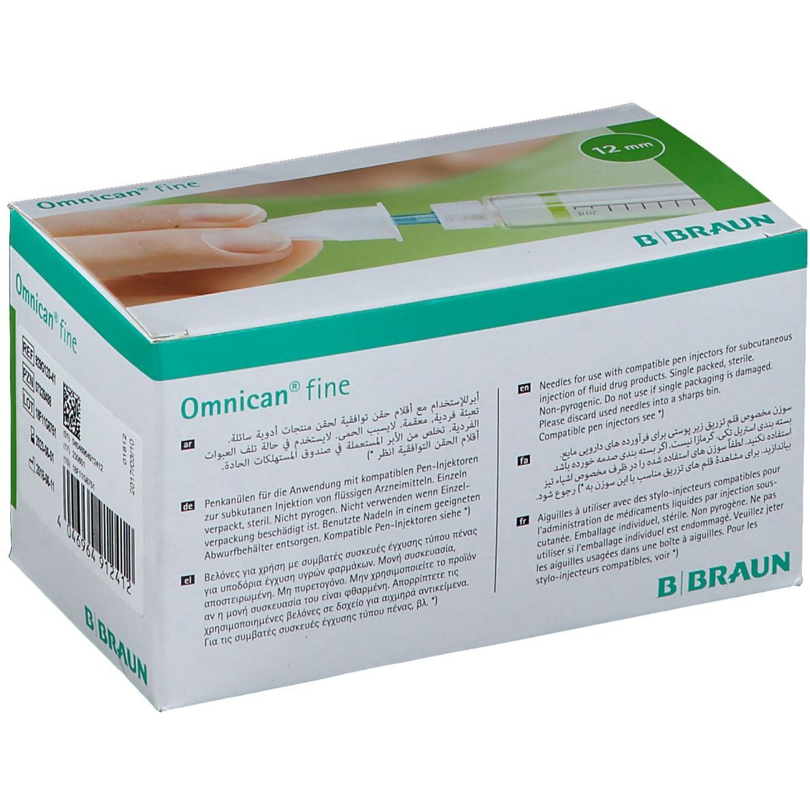 Boîte Omnican fine Penkanüle 29G 0,33 x 12mm. Image du produit et texte. Logo B. Braun.